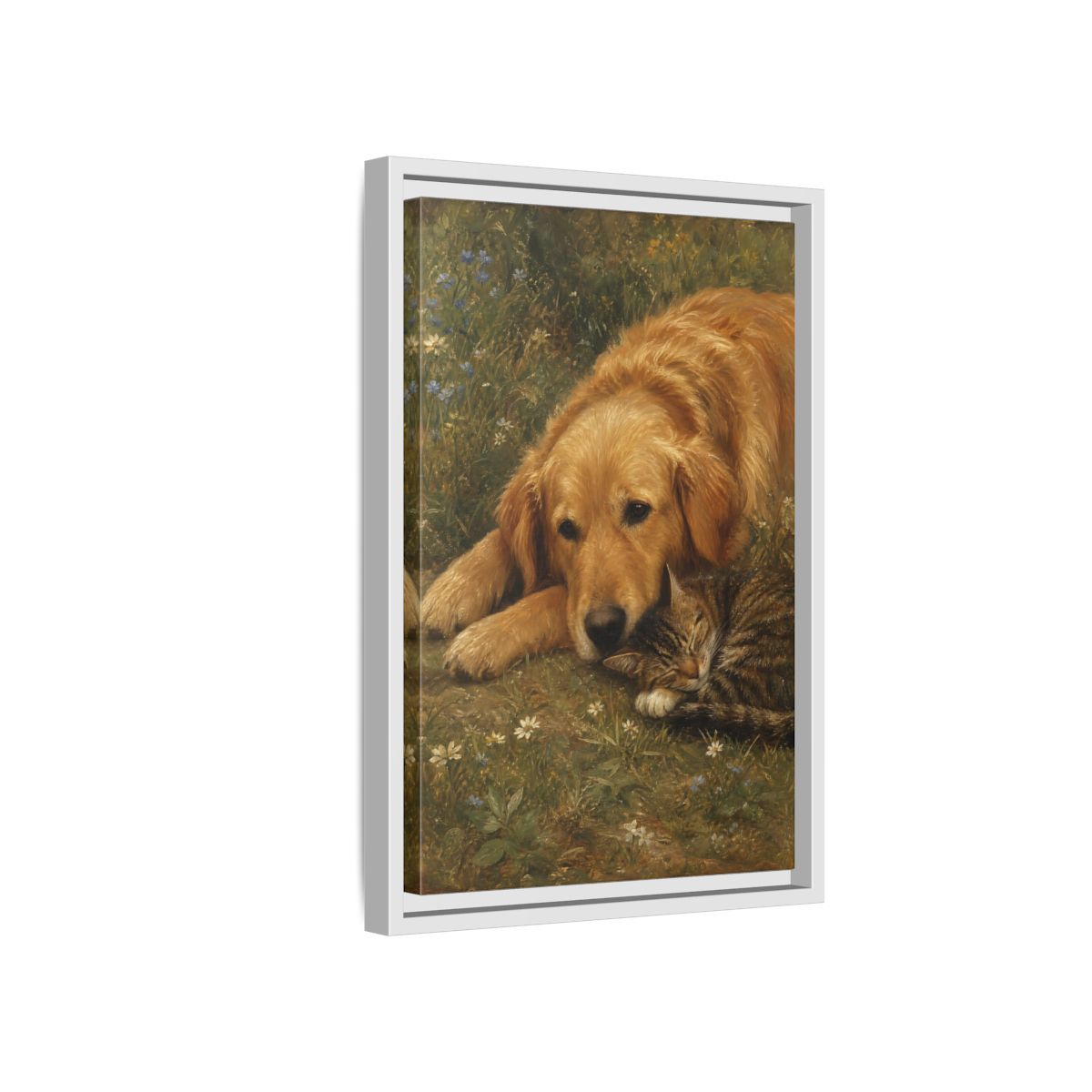 Side Mockup 4. Animals Sleeping Pets Brown And Green shown as stretched canvas wall art