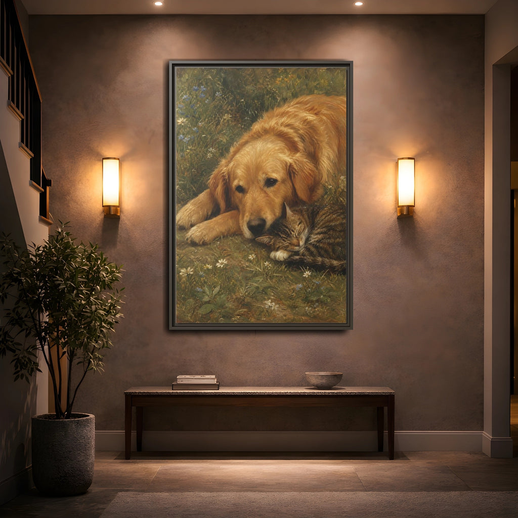 Mockup 2. Animals Sleeping Pets Brown And Green shown as stretched canvas wall art