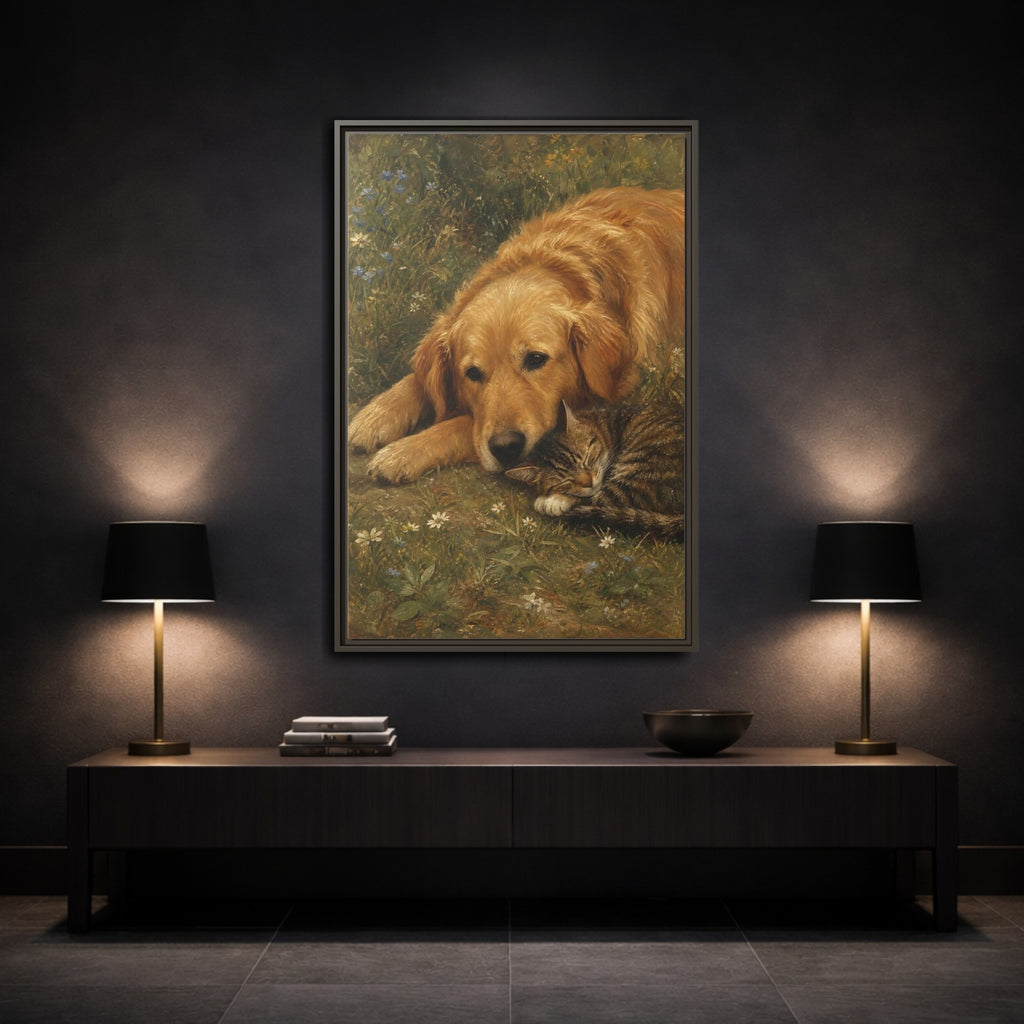 Mockup 3. Animals Sleeping Pets Brown And Green shown as stretched canvas wall art