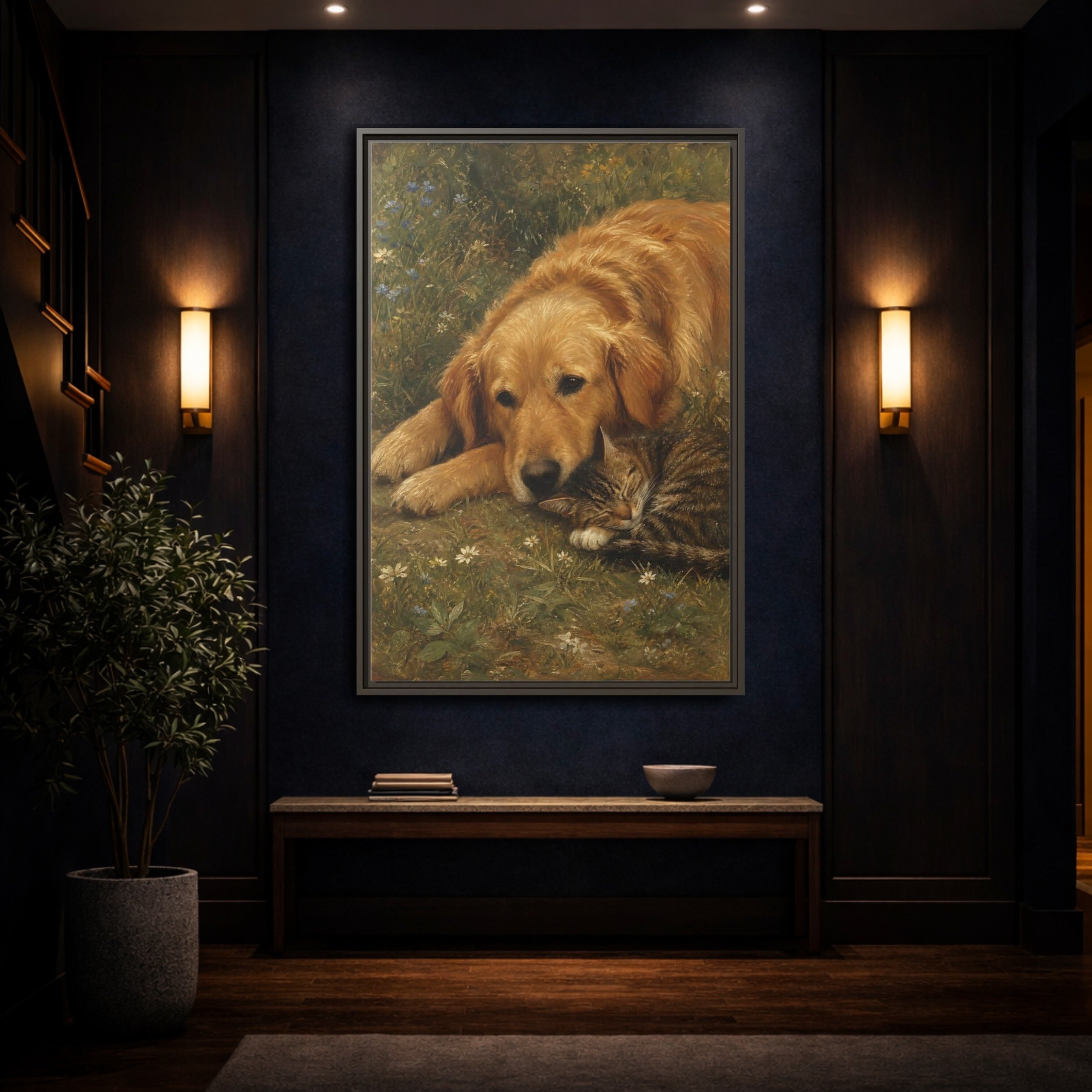 Mockup 4. Animals Sleeping Pets Brown And Green shown as stretched canvas wall art
