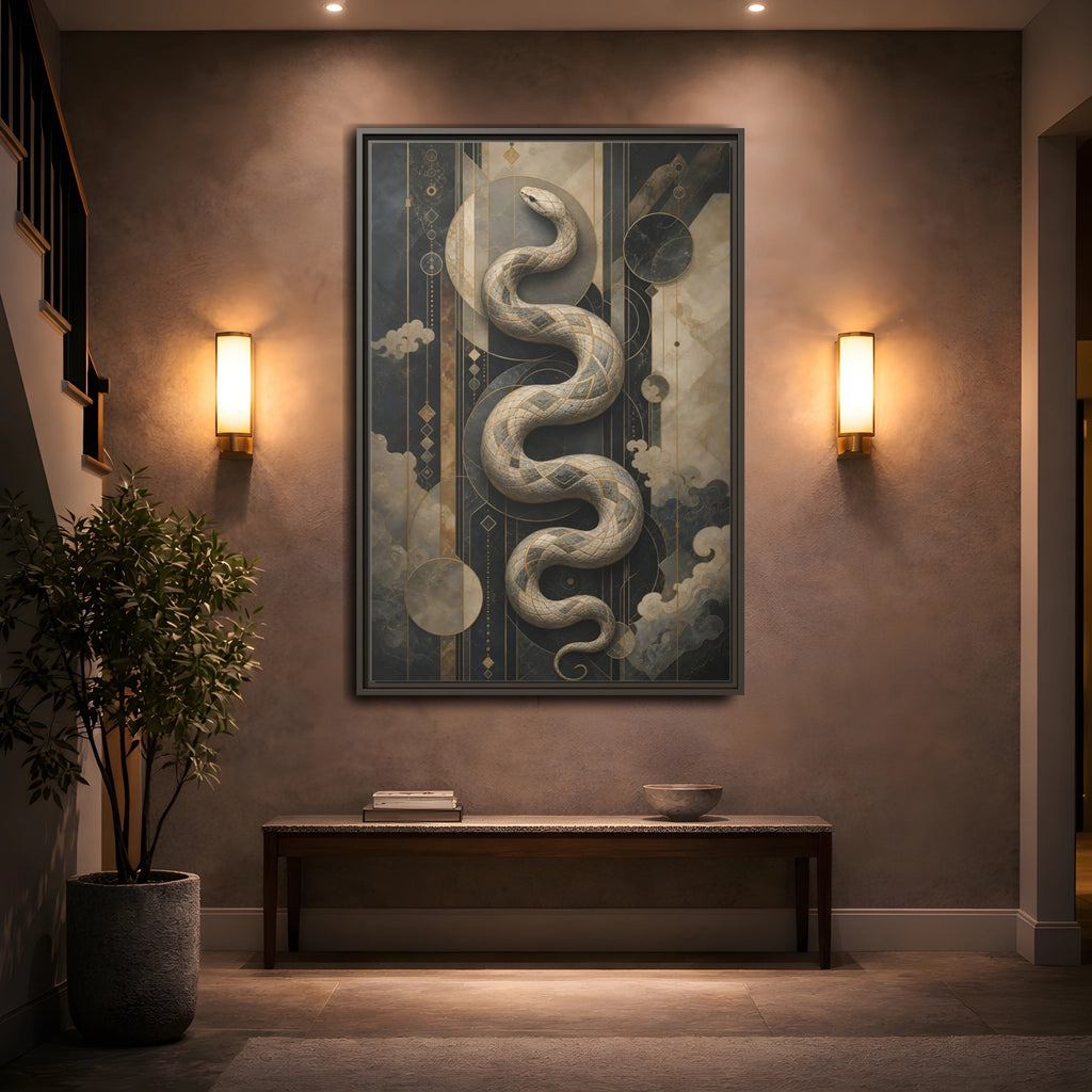 Mockup 2. Animals Snake Black And Gold shown as stretched canvas wall art
