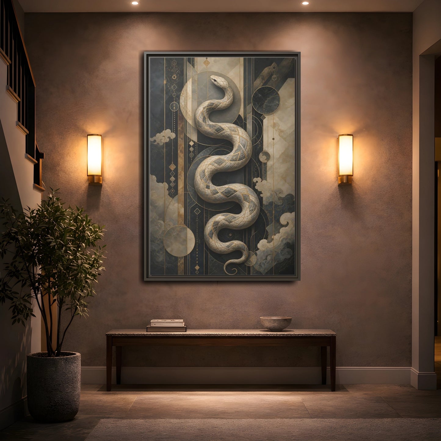 Mockup 2. Animals Snake Black And Gold shown as stretched canvas wall art