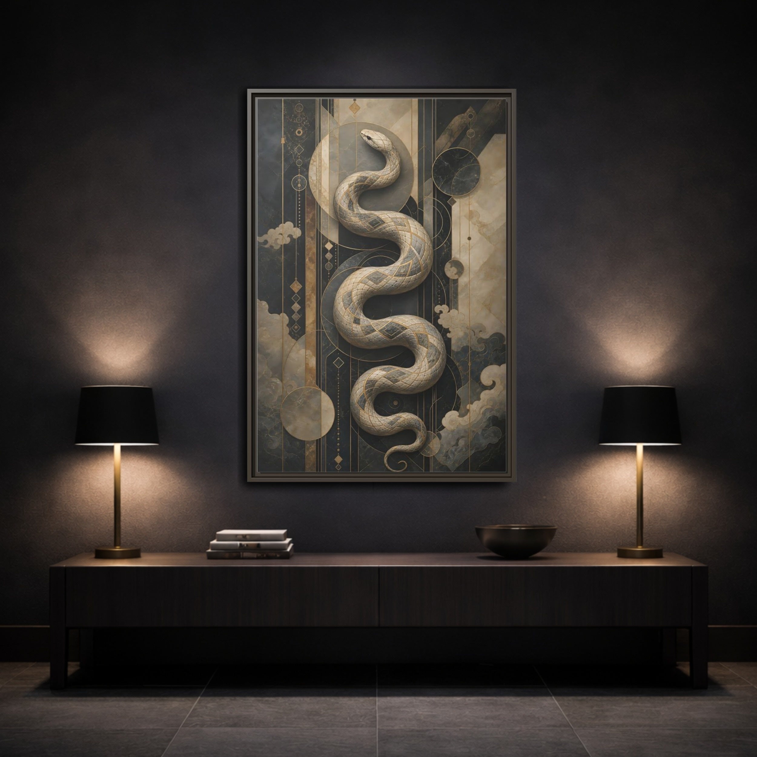 Mockup 3. Animals Snake Black And Gold shown as stretched canvas wall art