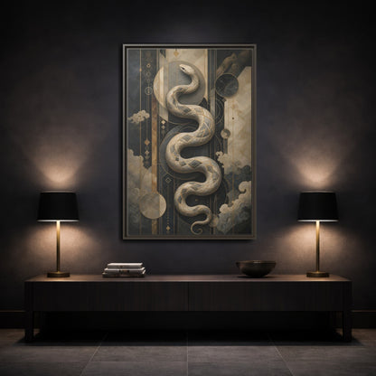 Mockup 3. Animals Snake Black And Gold shown as stretched canvas wall art