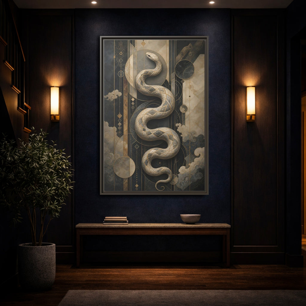 Mockup 4. Animals Snake Black And Gold shown as stretched canvas wall art