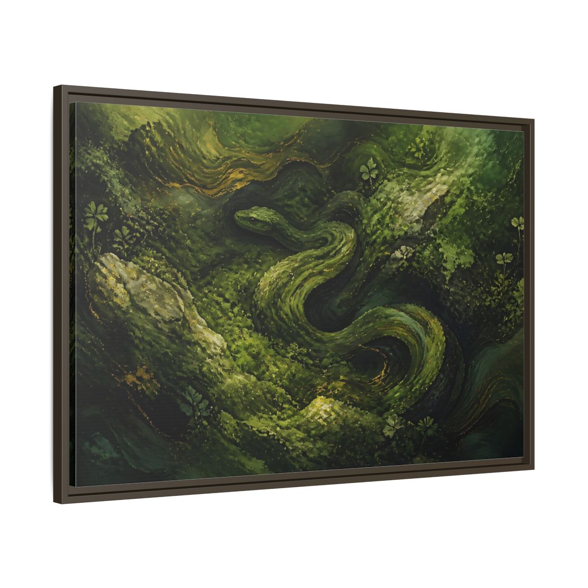 Main Mockup. Animals Snake Green And Gold shown as stretched canvas wall art