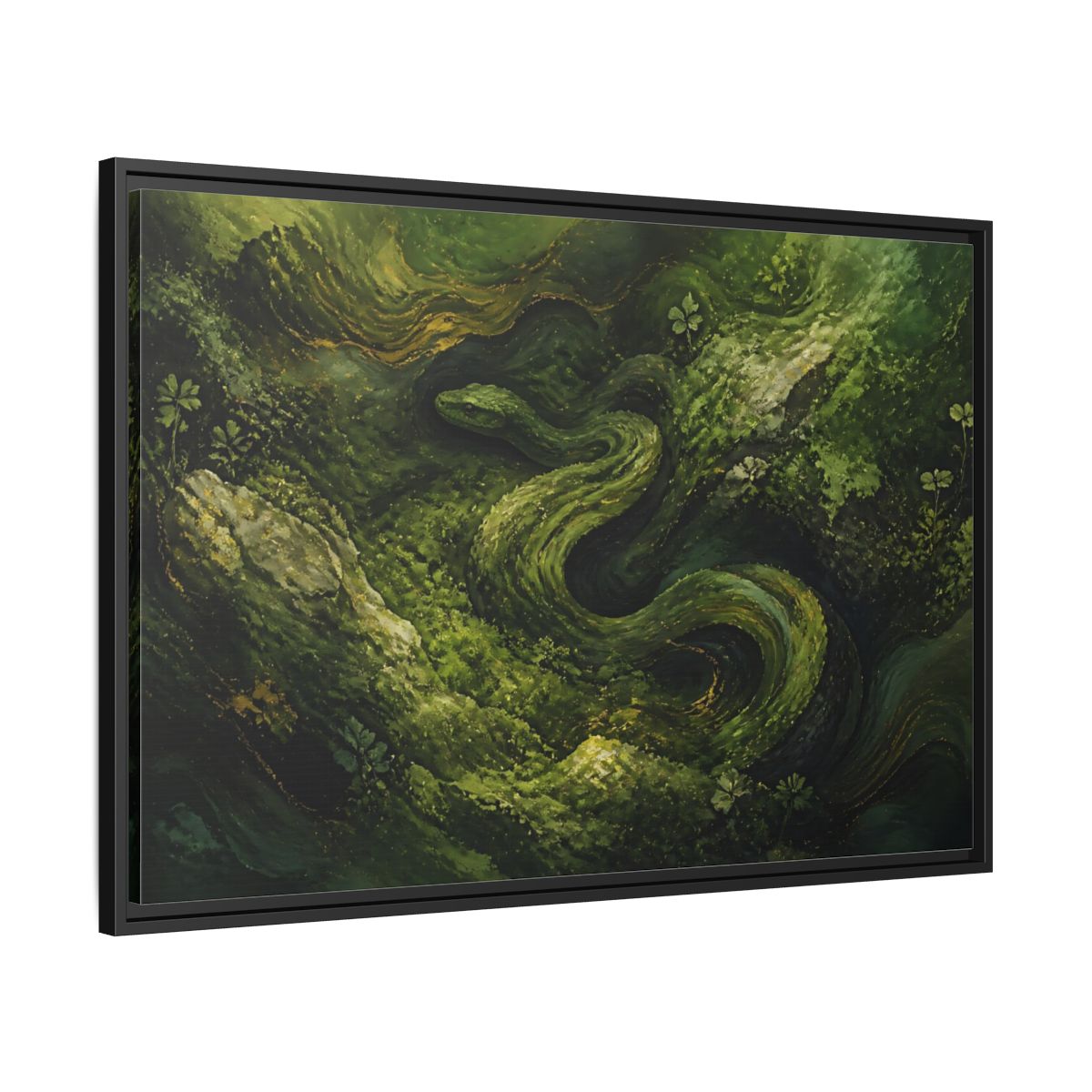 Side Mockup 13. Animals Snake Green And Gold shown as stretched canvas wall art