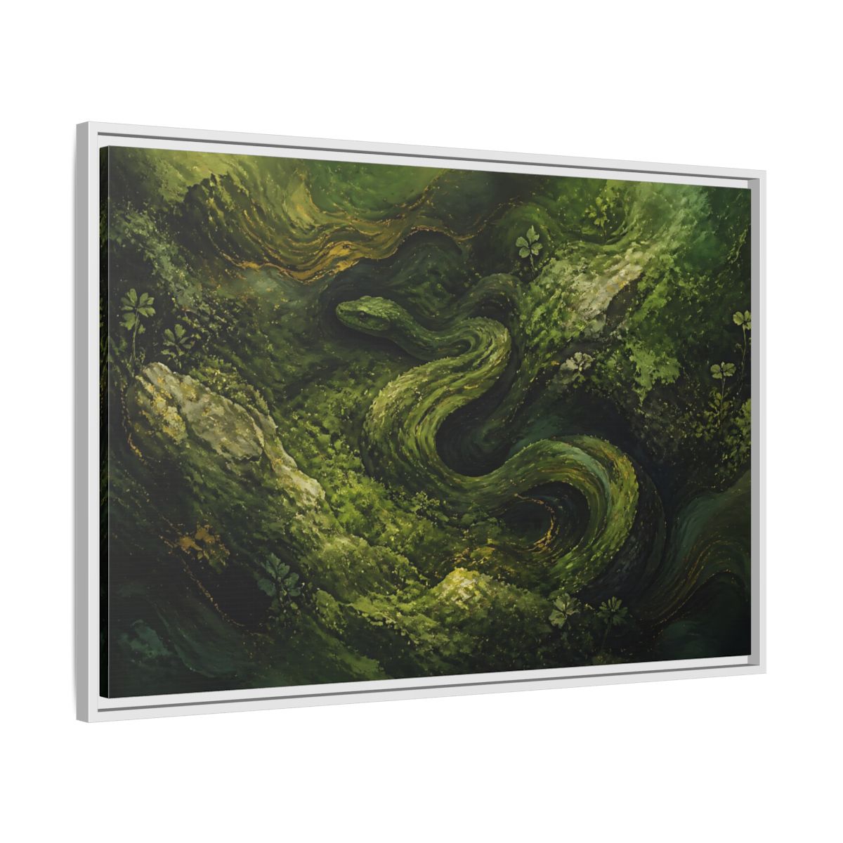 Side Mockup 9. Animals Snake Green And Gold shown as stretched canvas wall art