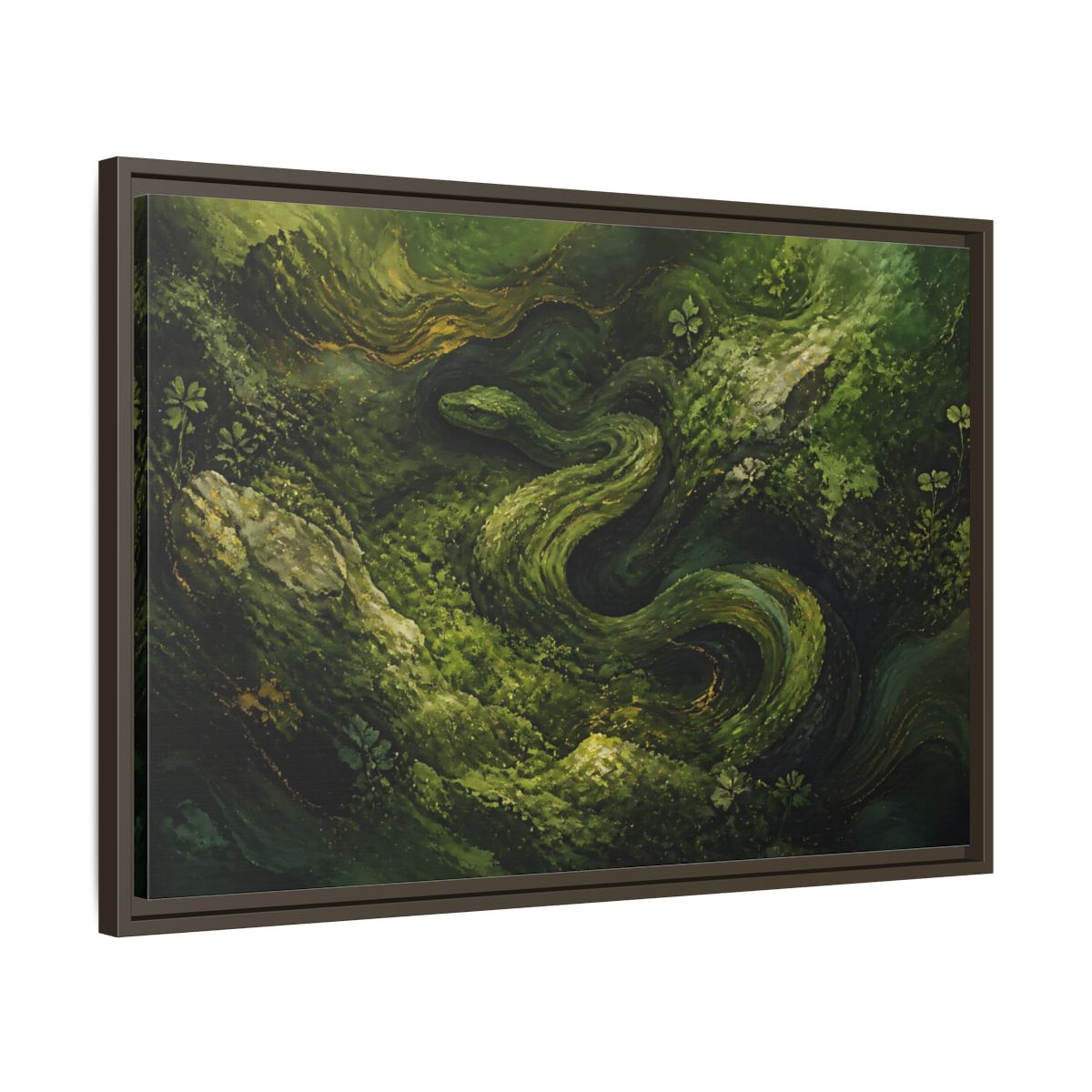Side Mockup 11. Animals Snake Green And Gold shown as stretched canvas wall art