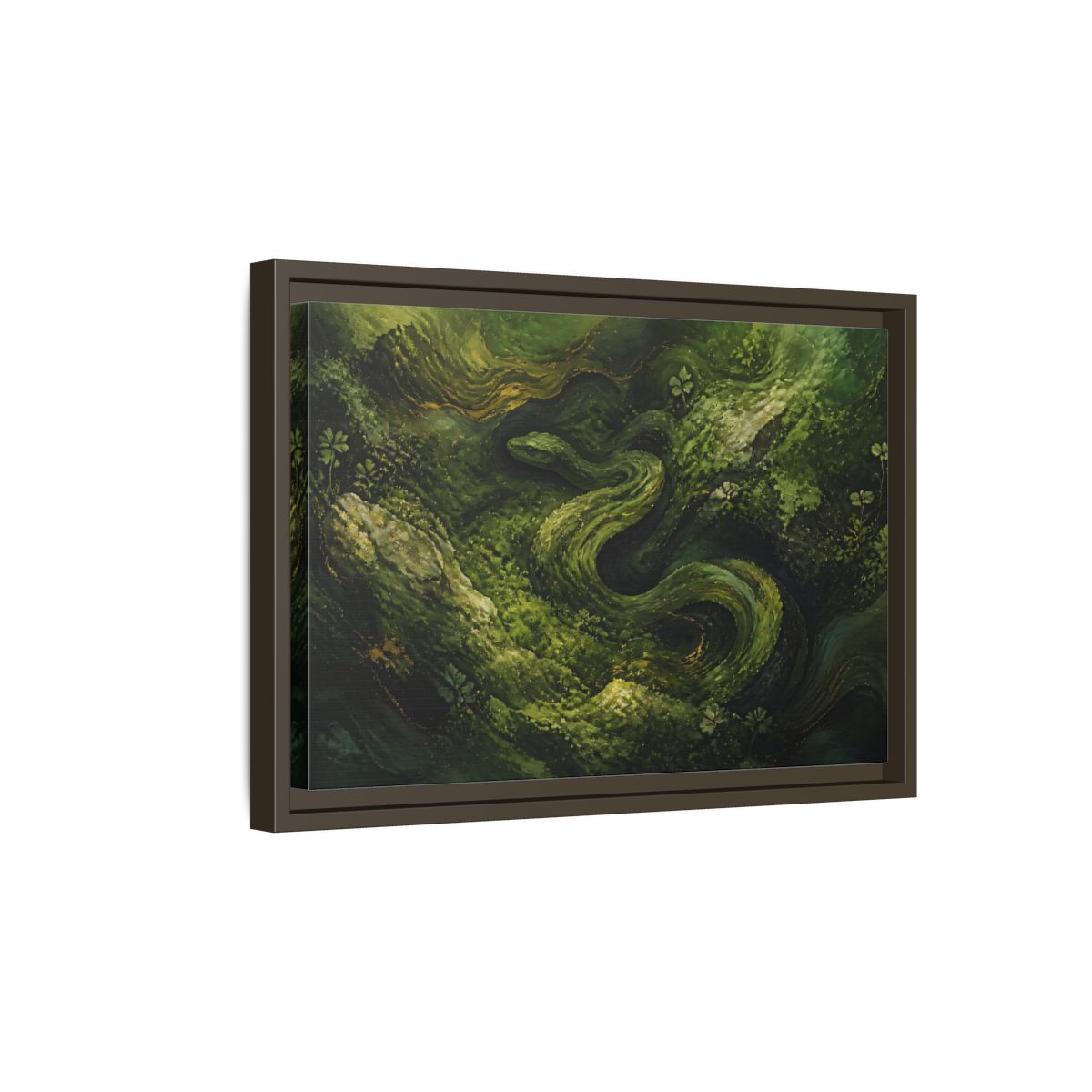 Side Mockup 5. Animals Snake Green And Gold shown as stretched canvas wall art
