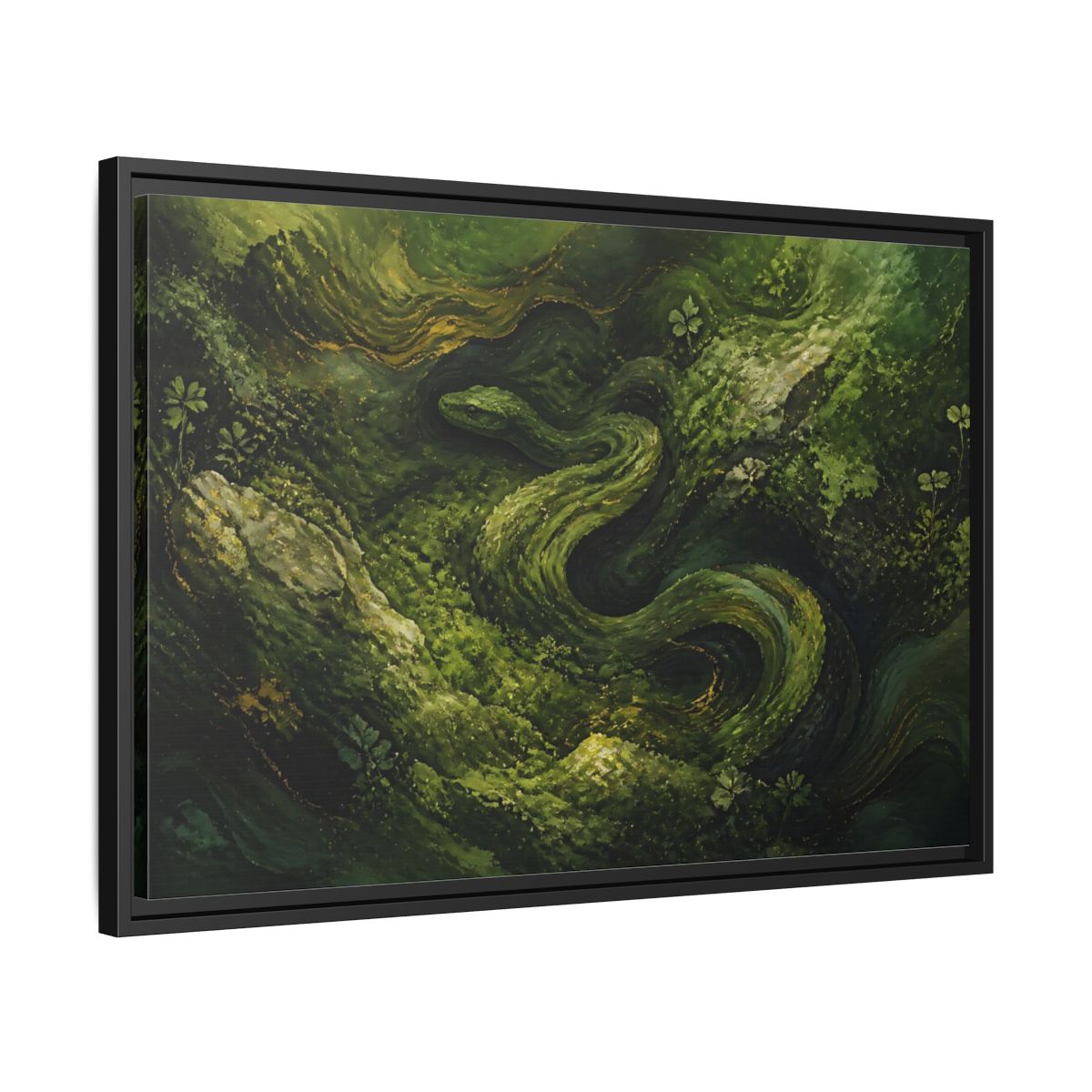 Side Mockup 14. Animals Snake Green And Gold shown as stretched canvas wall art