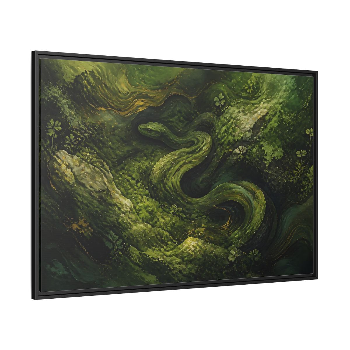 Side Mockup 12. Animals Snake Green And Gold shown as stretched canvas wall art