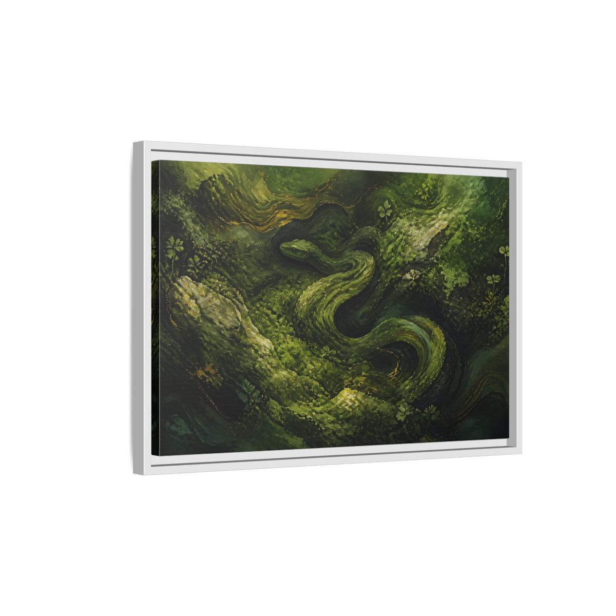 Side Mockup 1. Animals Snake Green And Gold shown as stretched canvas wall art