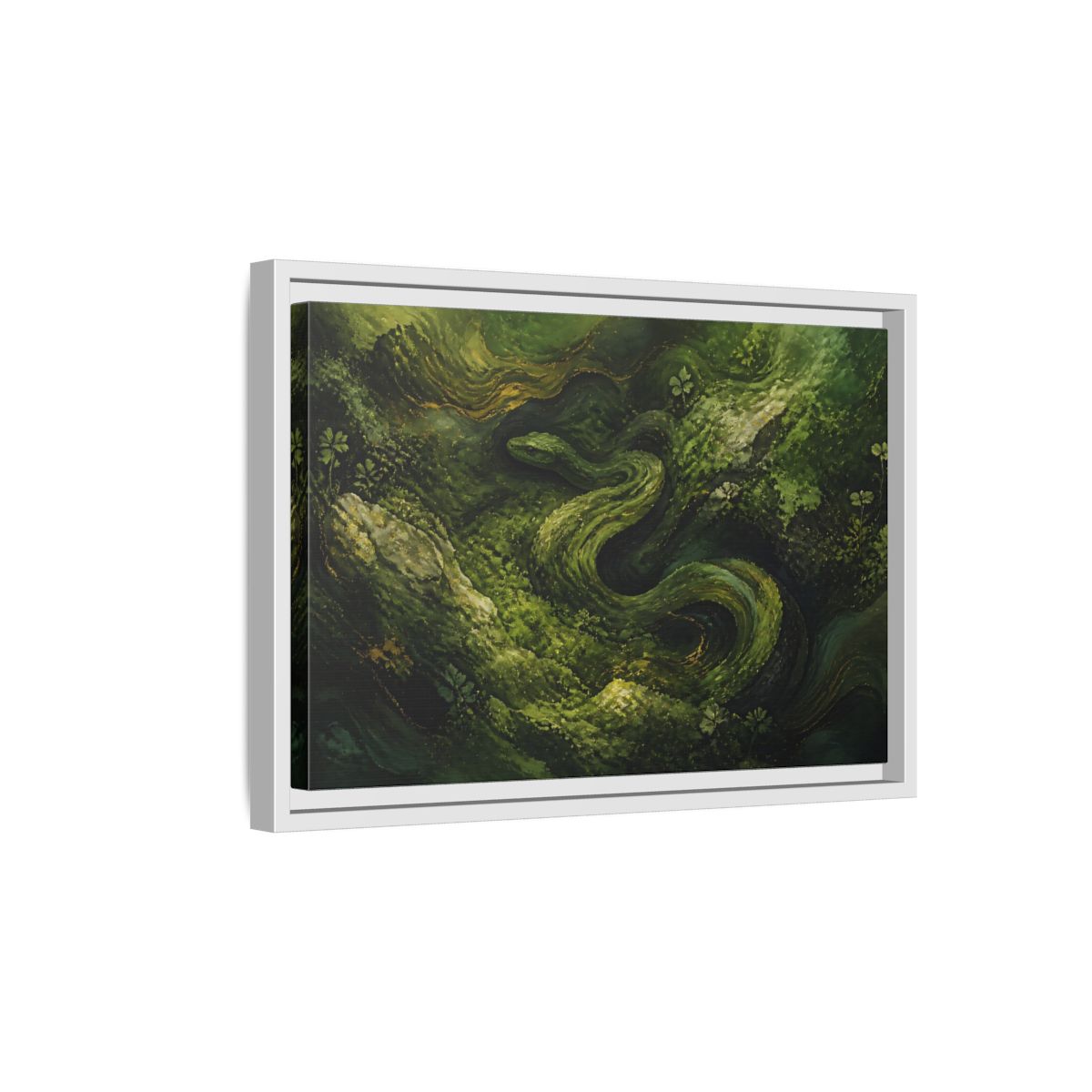 Side Mockup 4. Animals Snake Green And Gold shown as stretched canvas wall art