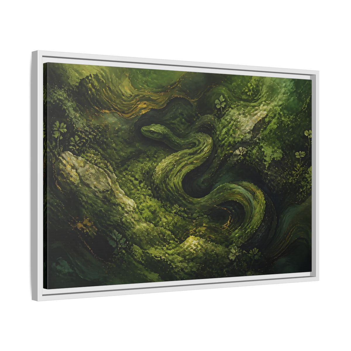 Side Mockup 10. Animals Snake Green And Gold shown as stretched canvas wall art