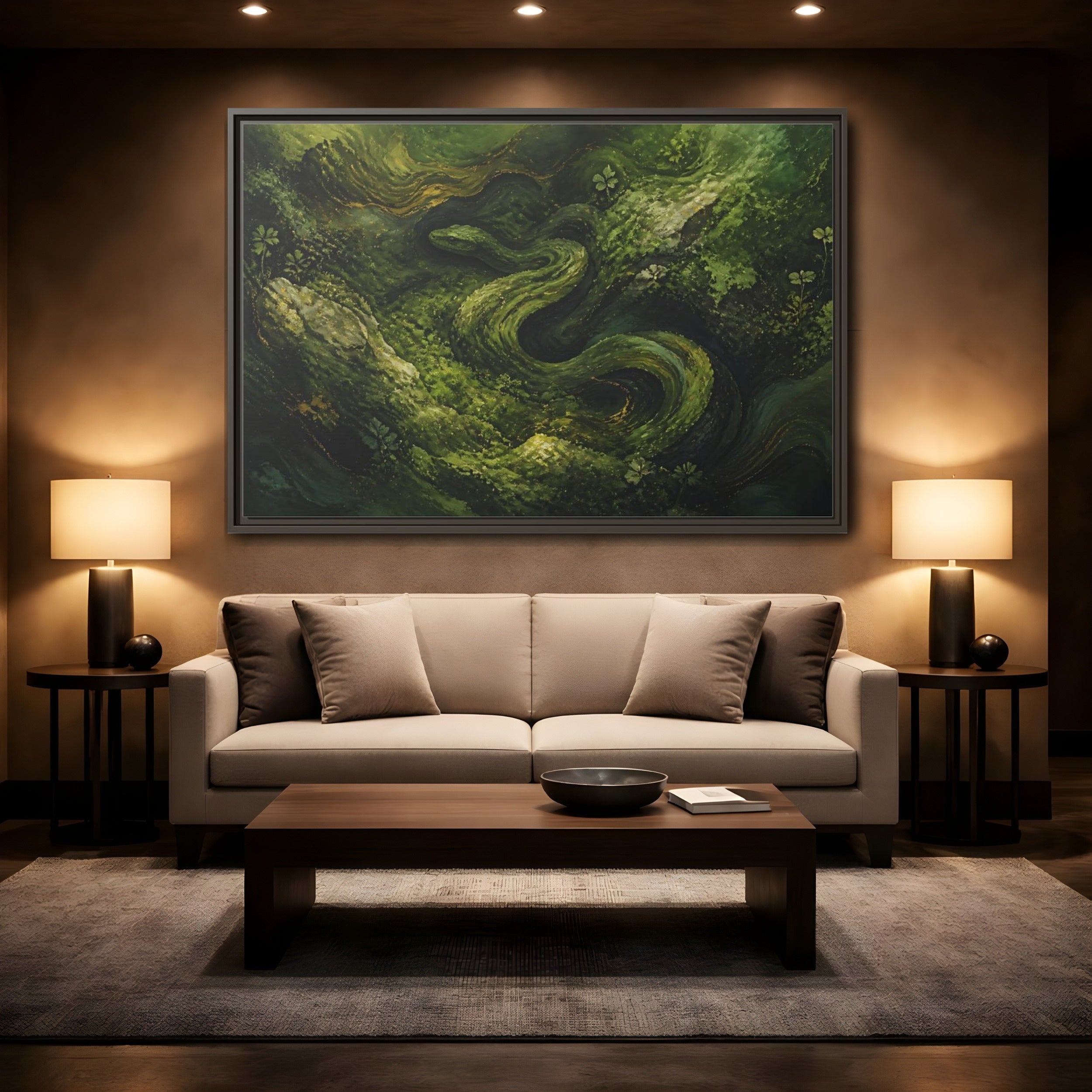 Mockup 2. Animals Snake Green And Gold shown as stretched canvas wall art