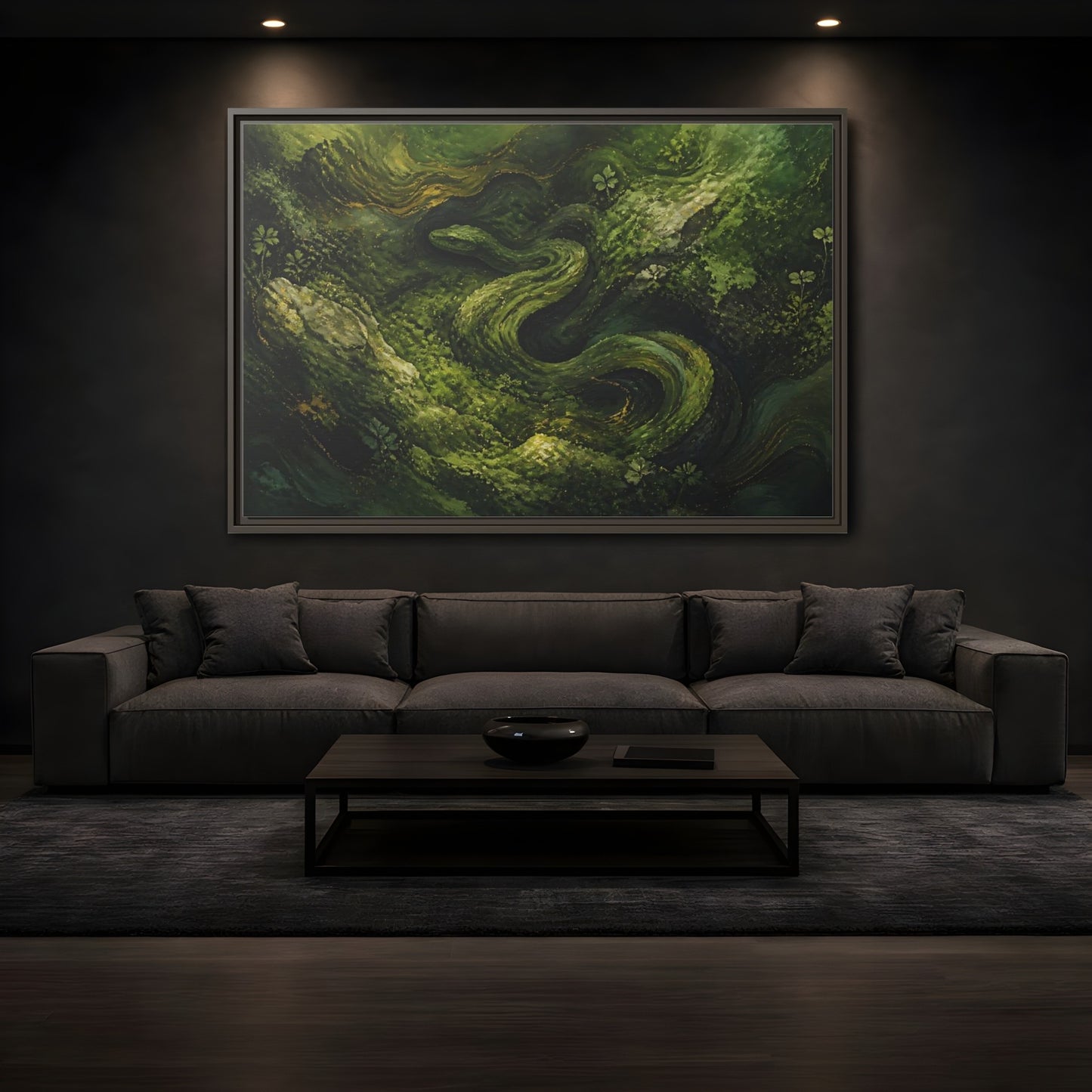 Mockup 3. Animals Snake Green And Gold shown as stretched canvas wall art