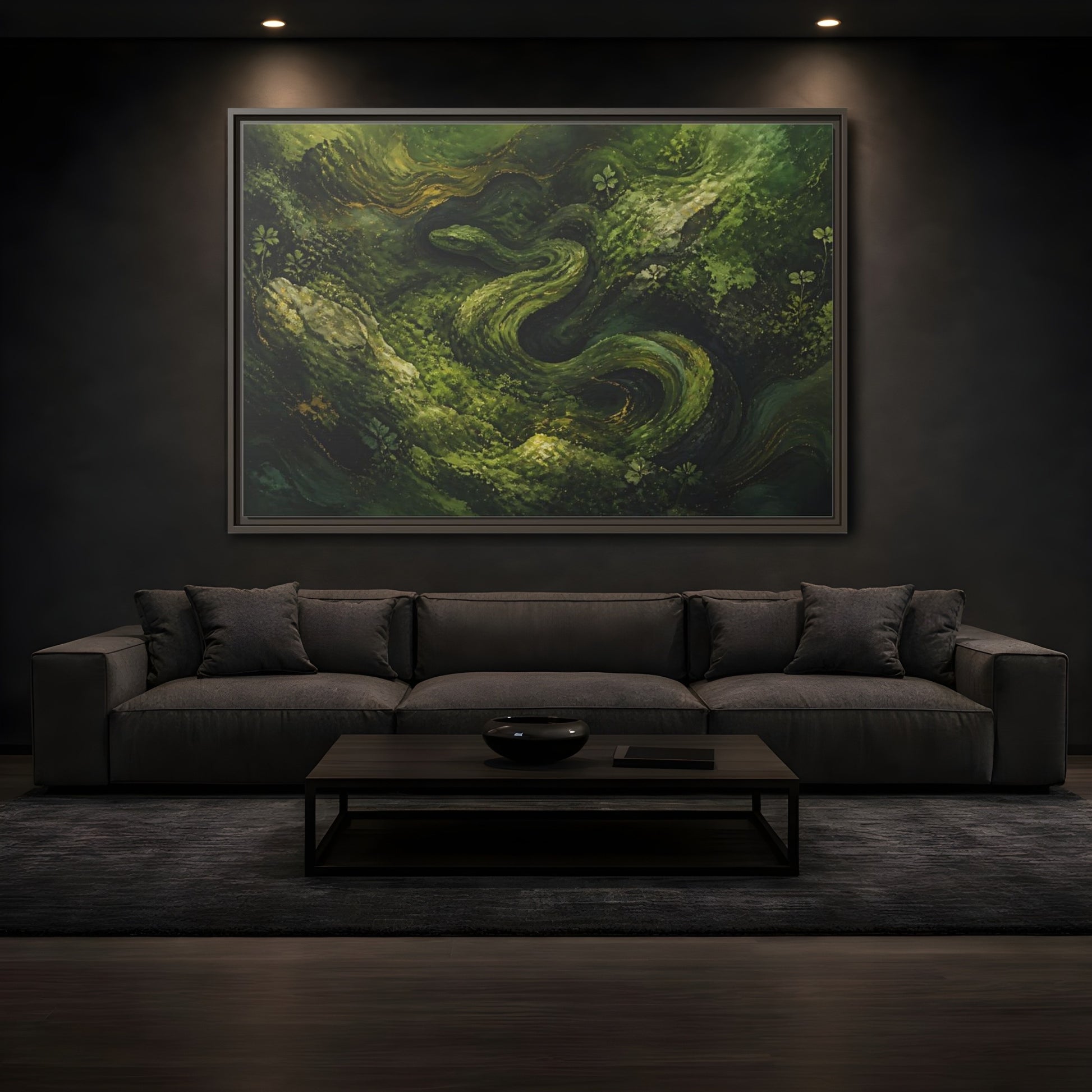 Mockup 3. Animals Snake Green And Gold shown as stretched canvas wall art