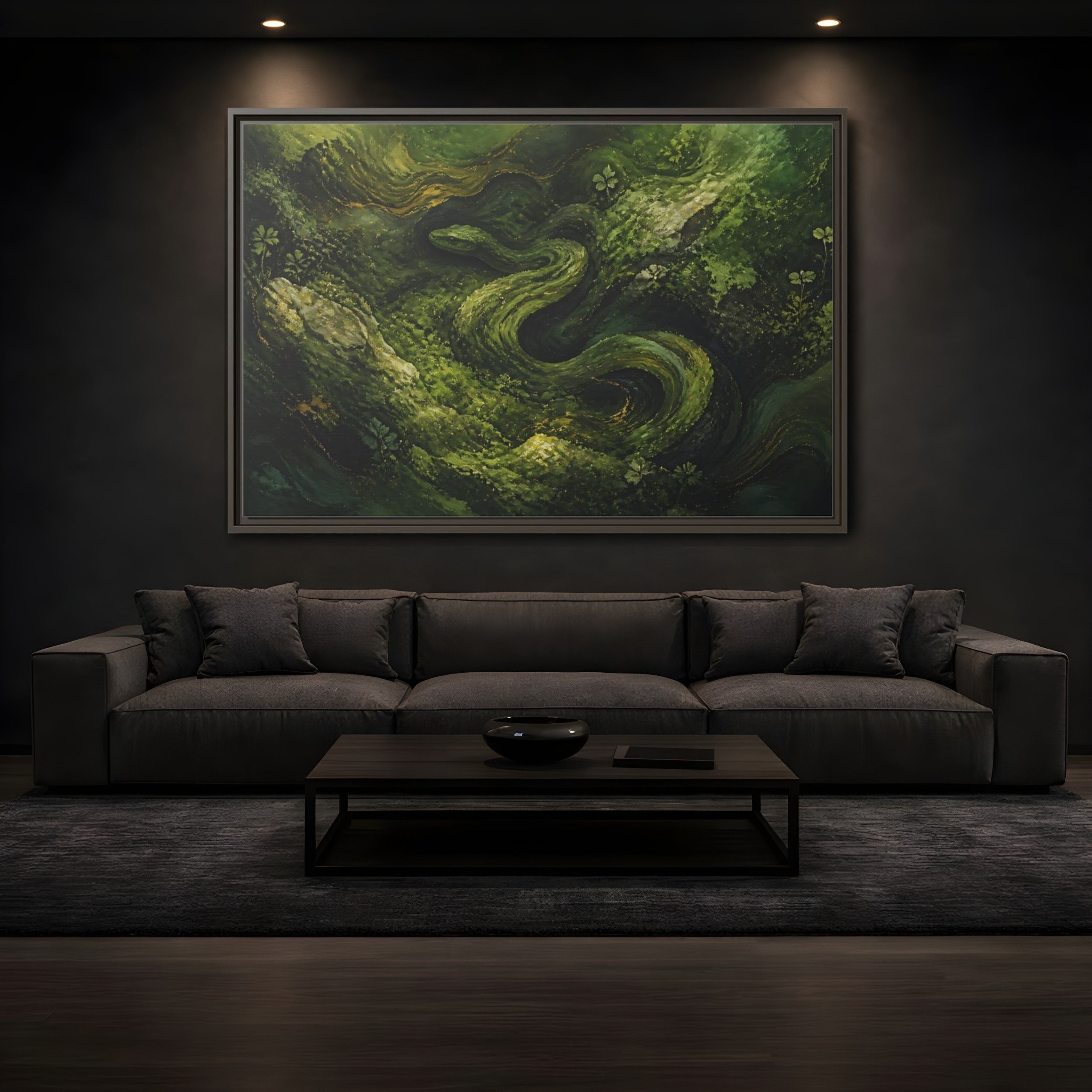 Mockup 3. Animals Snake Green And Gold shown as stretched canvas wall art
