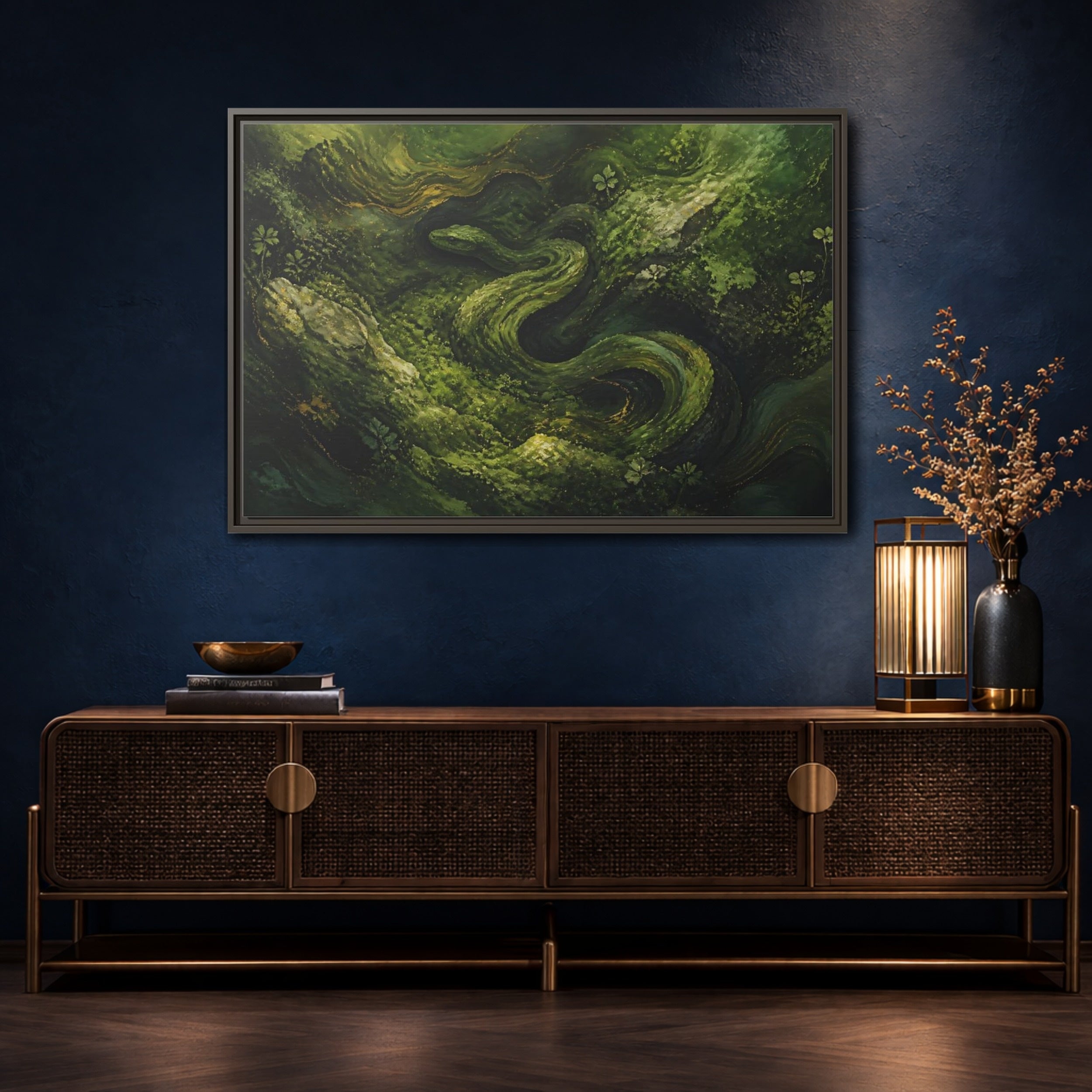 Mockup 4. Animals Snake Green And Gold shown as stretched canvas wall art