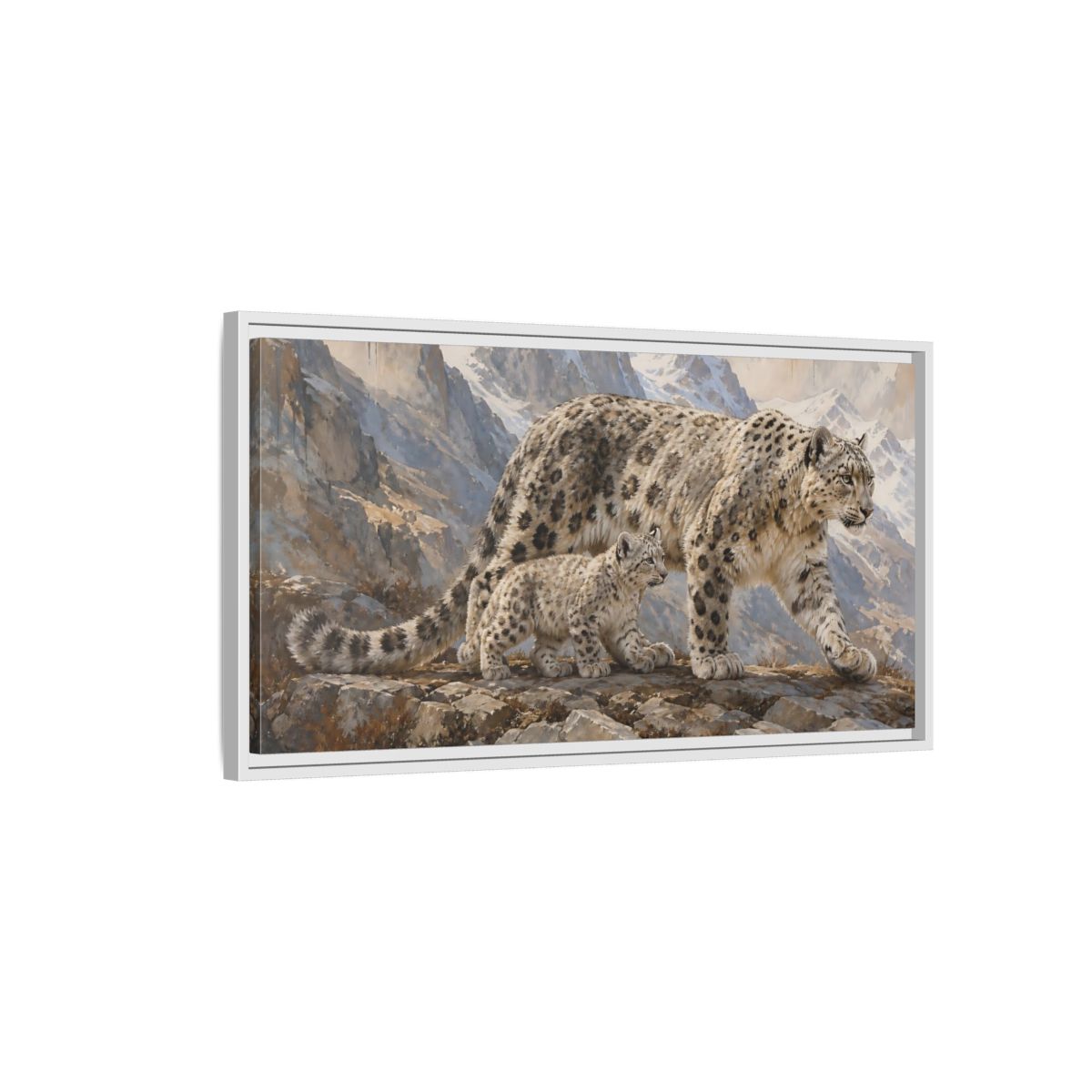 Side Mockup 1. Animals Snow Leopards Snow Leopard Art shown as stretched canvas wall art