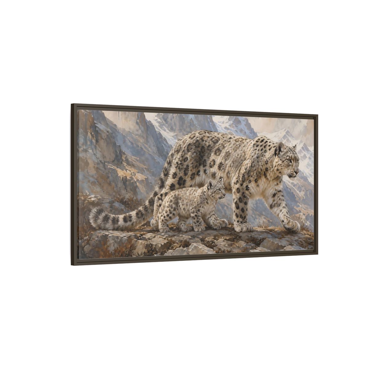 Side Mockup 4. Animals Snow Leopards Snow Leopard Art shown as stretched canvas wall art
