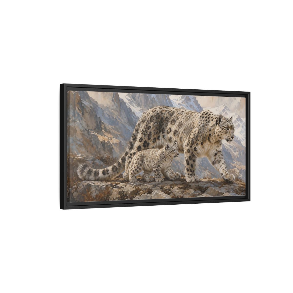 Side Mockup 2. Animals Snow Leopards Snow Leopard Art shown as stretched canvas wall art