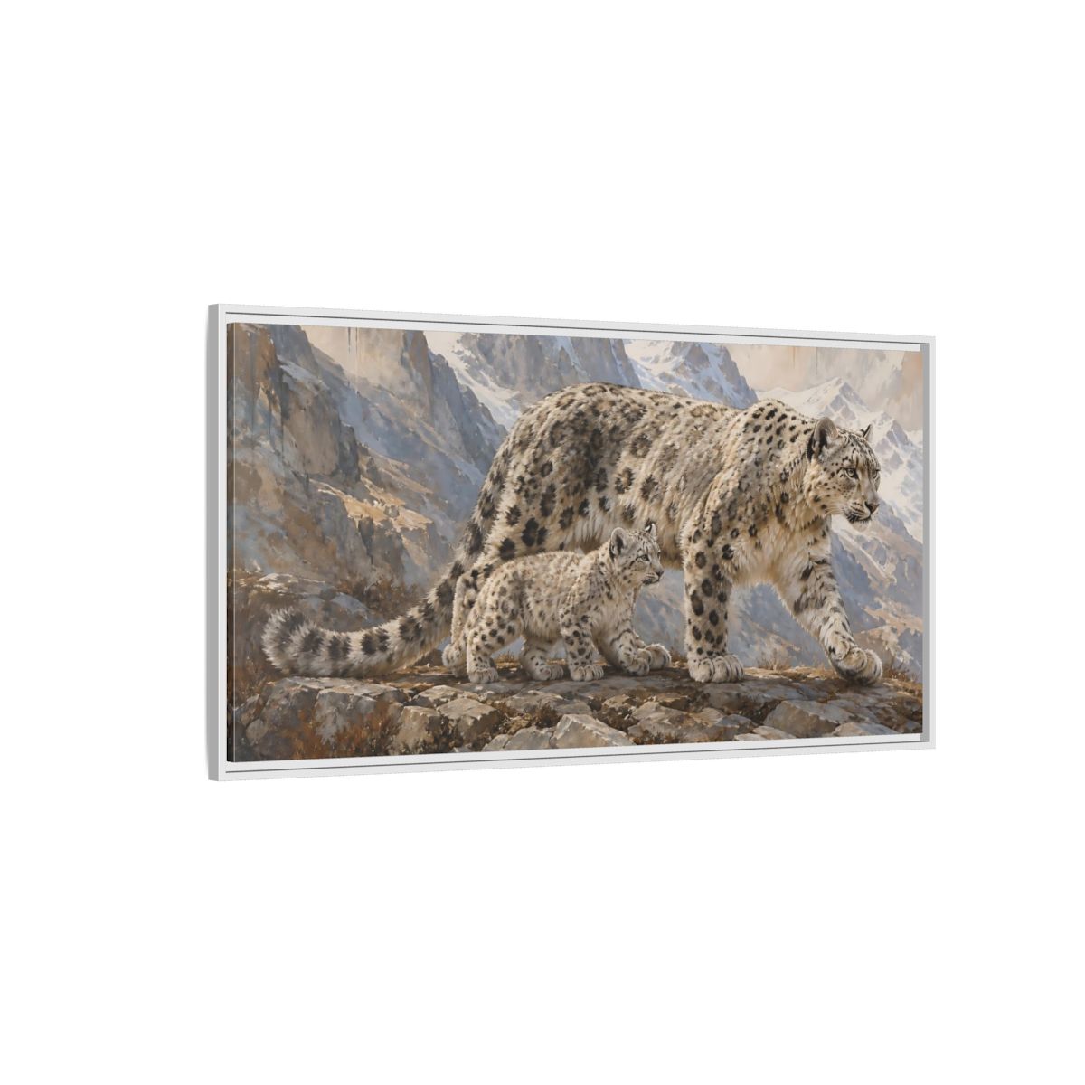 Side Mockup 3. Animals Snow Leopards Snow Leopard Art shown as stretched canvas wall art
