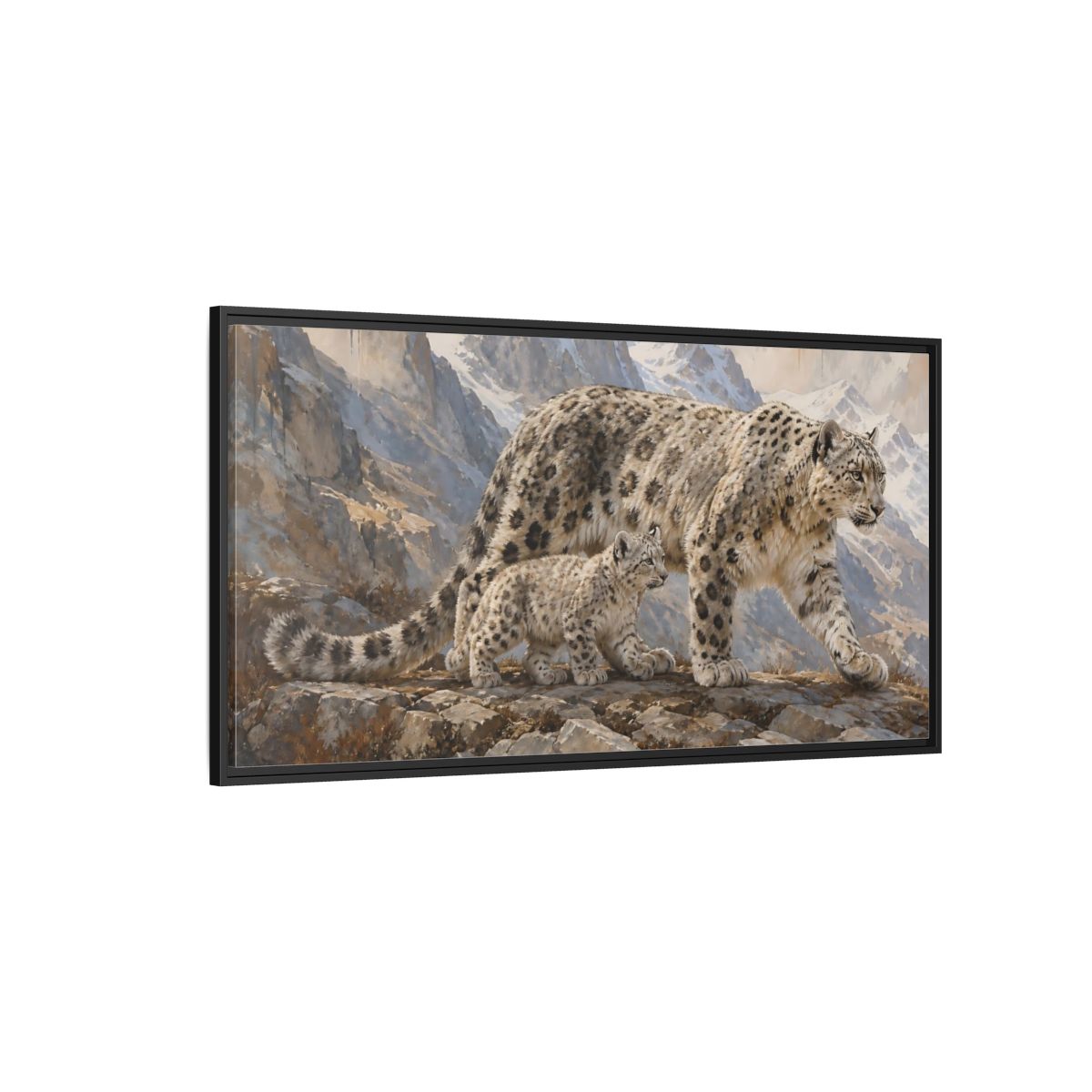 Side Mockup 5. Animals Snow Leopards Snow Leopard Art shown as stretched canvas wall art
