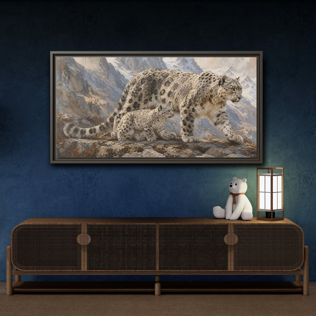 Mockup 4. Animals Snow Leopards Snow Leopard Art shown as stretched canvas wall art