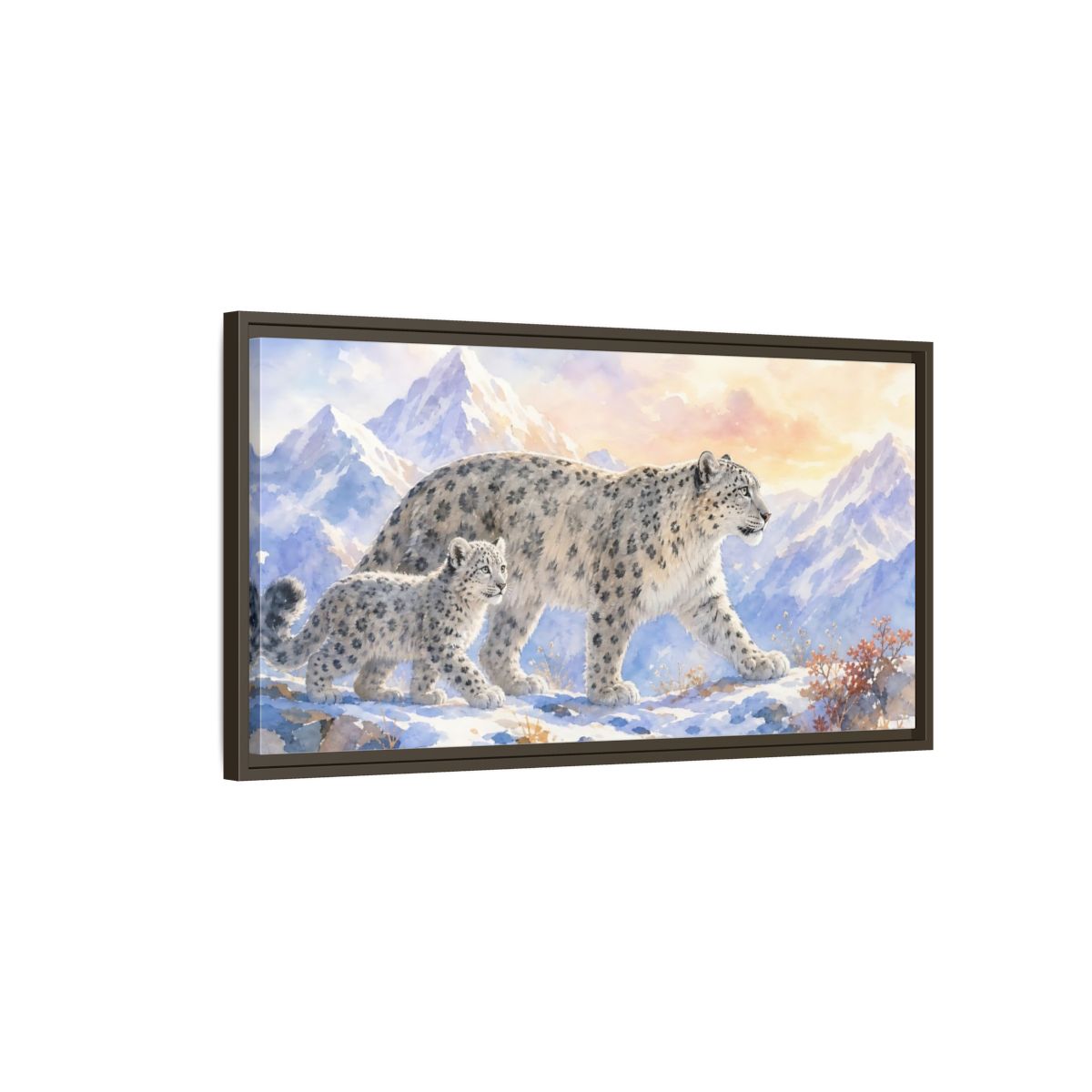 Main Mockup. Animals Snow Leopards Snow Leopard Watercolor shown as stretched canvas wall art