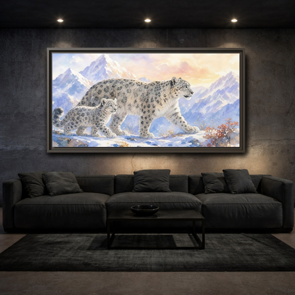 Mockup 2. Animals Snow Leopards Snow Leopard Watercolor shown as stretched canvas wall art