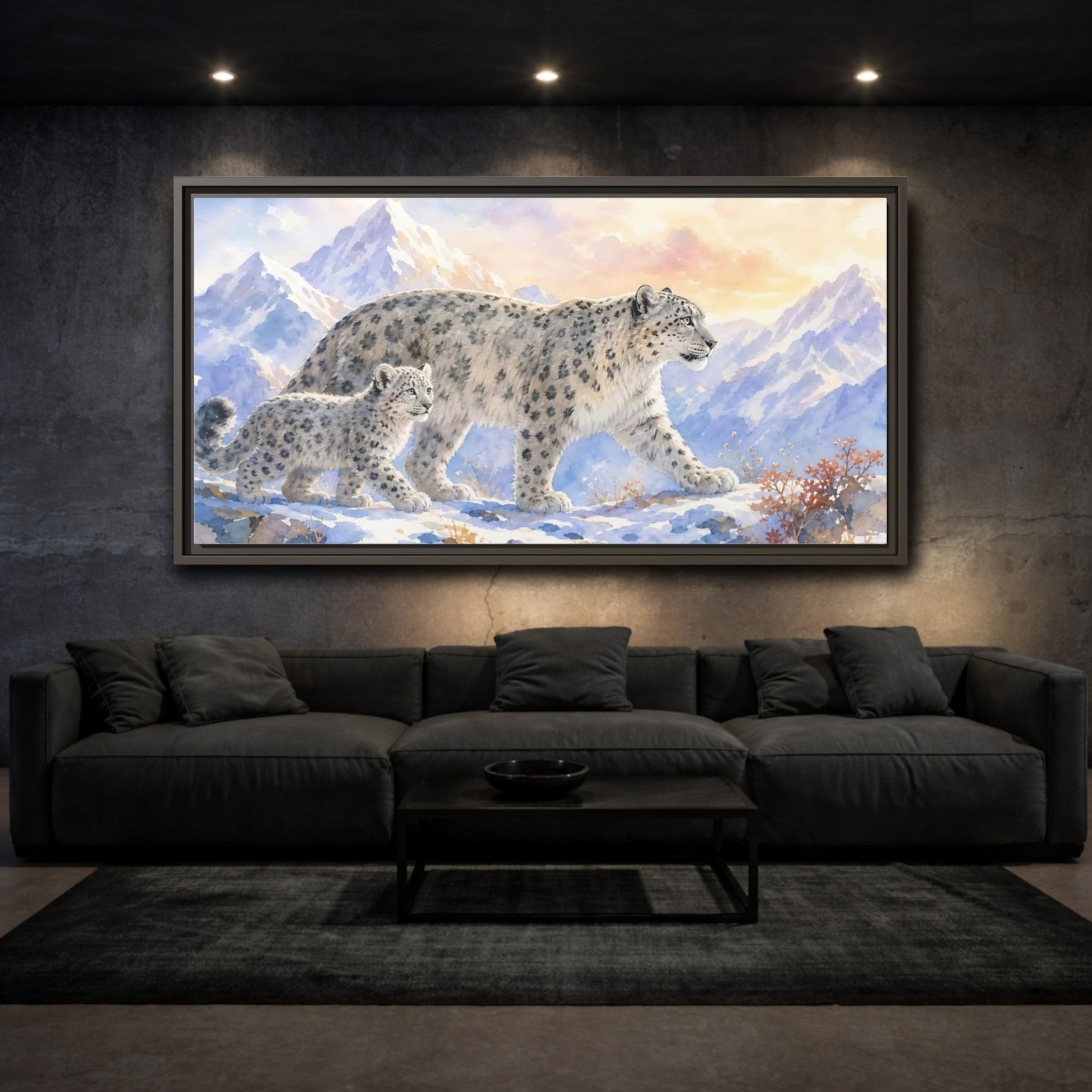Mockup 2. Animals Snow Leopards Snow Leopard Watercolor shown as stretched canvas wall art