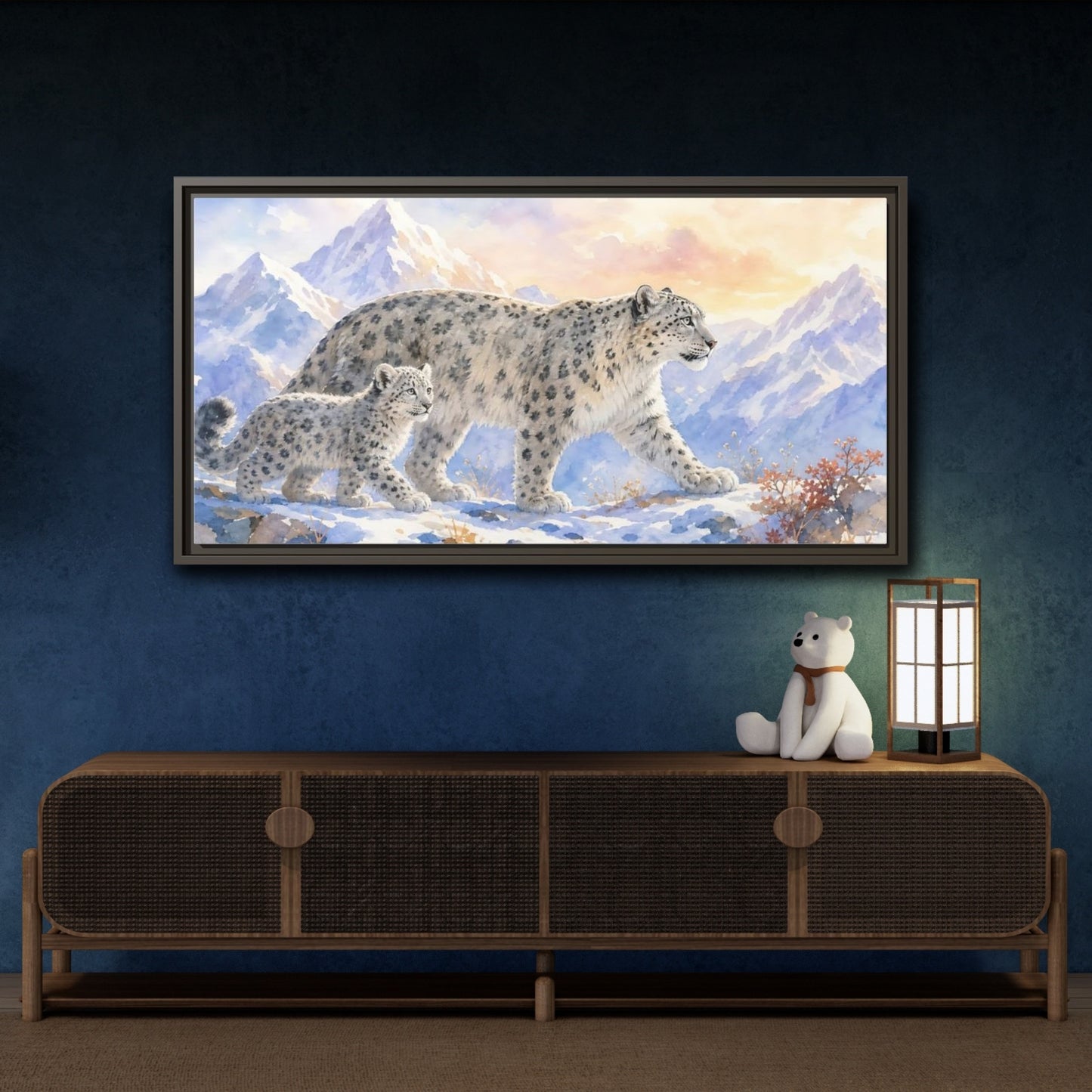 Mockup 4. Animals Snow Leopards Snow Leopard Watercolor shown as stretched canvas wall art