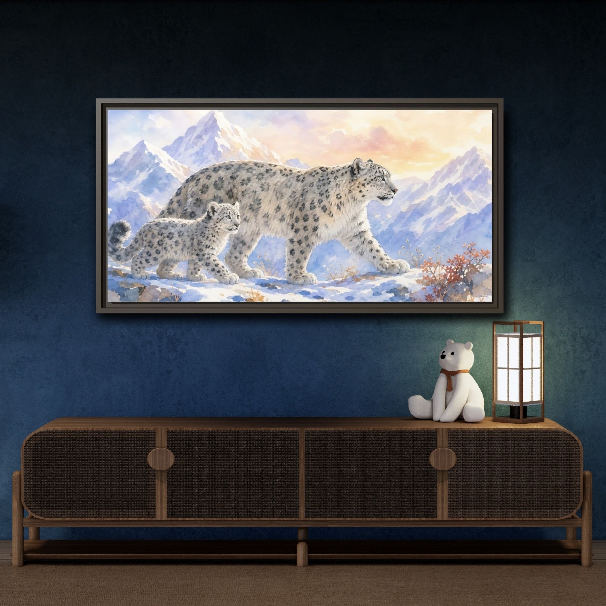Mockup 4. Animals Snow Leopards Snow Leopard Watercolor shown as stretched canvas wall art