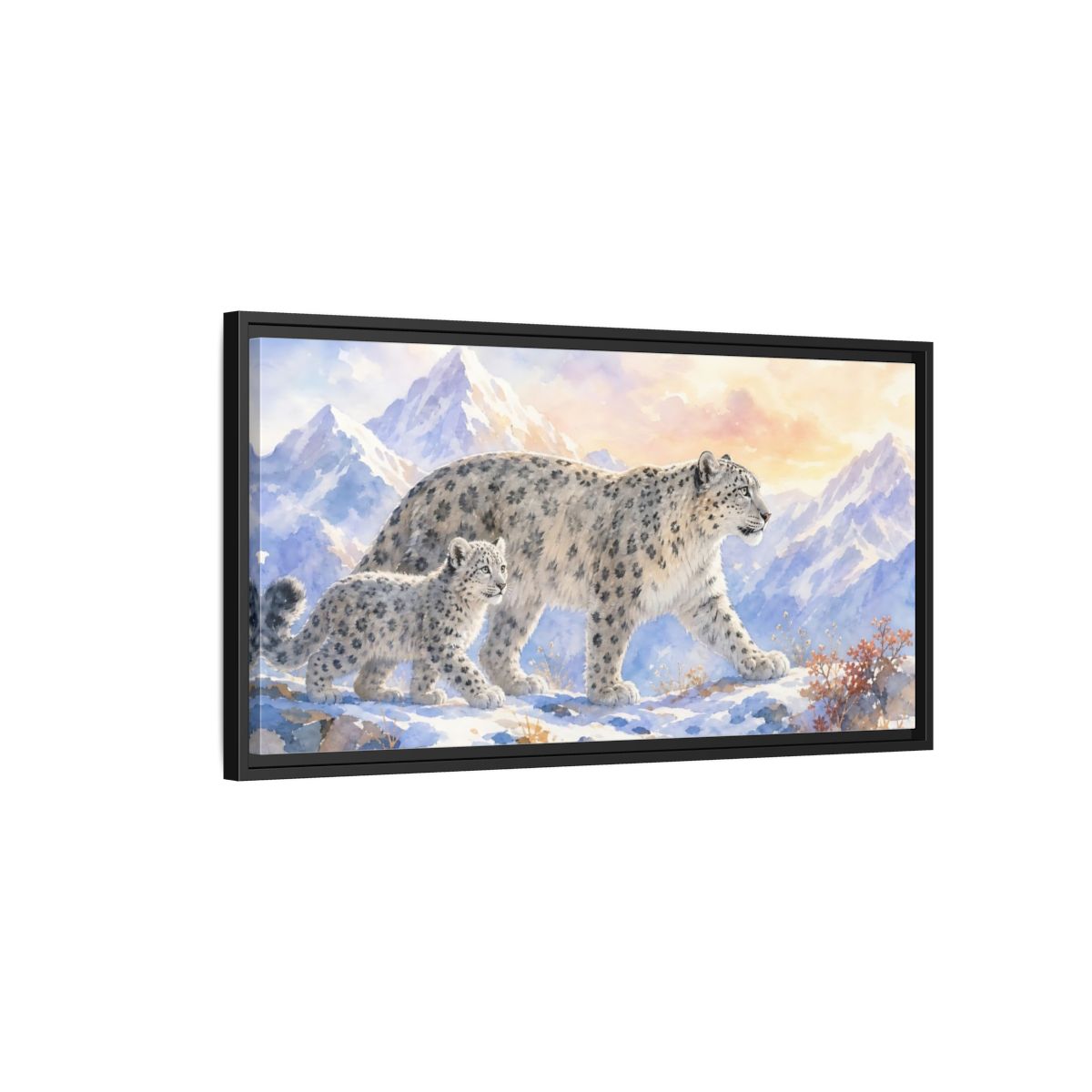 Side Mockup 2. Animals Snow Leopards Snow Leopard Watercolor shown as stretched canvas wall art