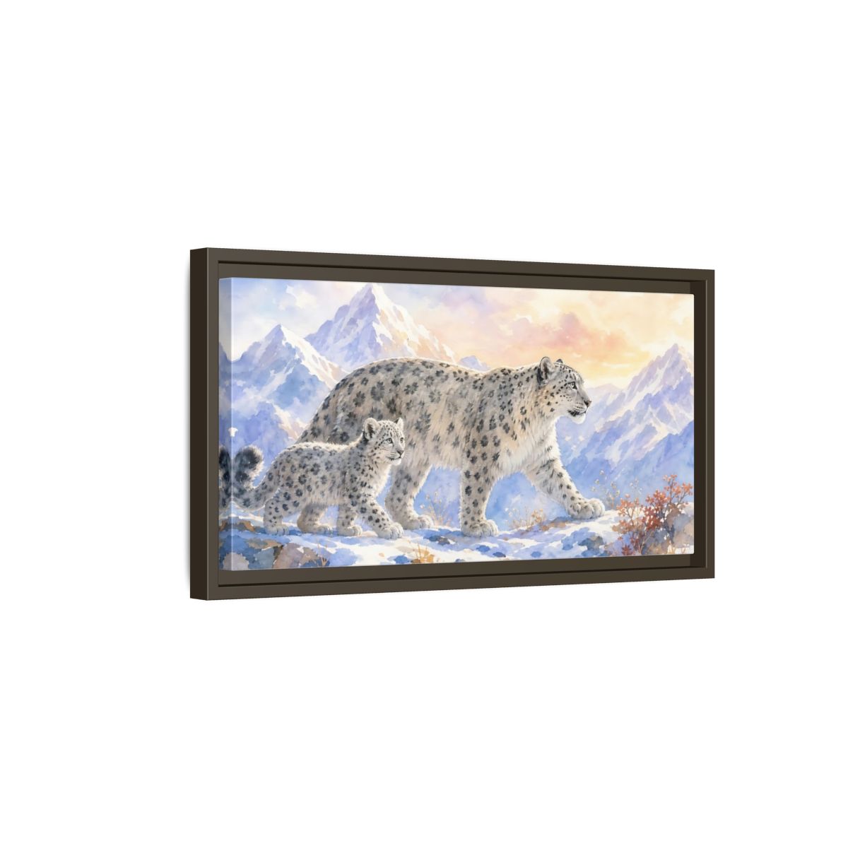 Side Mockup 7. Animals Snow Leopards Snow Leopard Watercolor shown as stretched canvas wall art