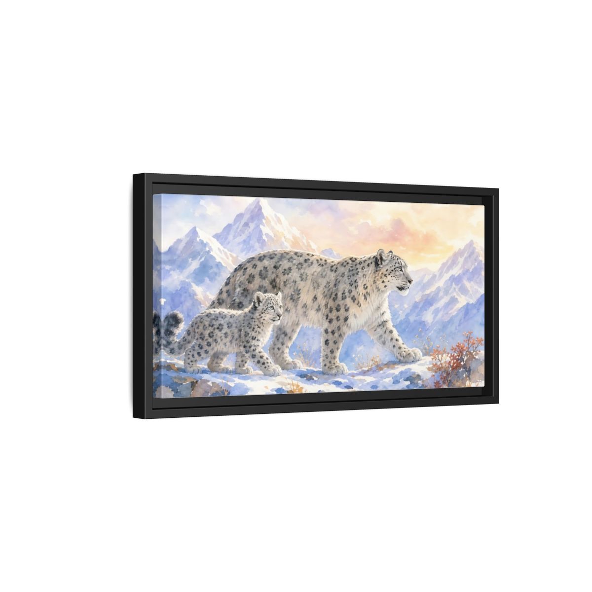 Side Mockup 8. Animals Snow Leopards Snow Leopard Watercolor shown as stretched canvas wall art