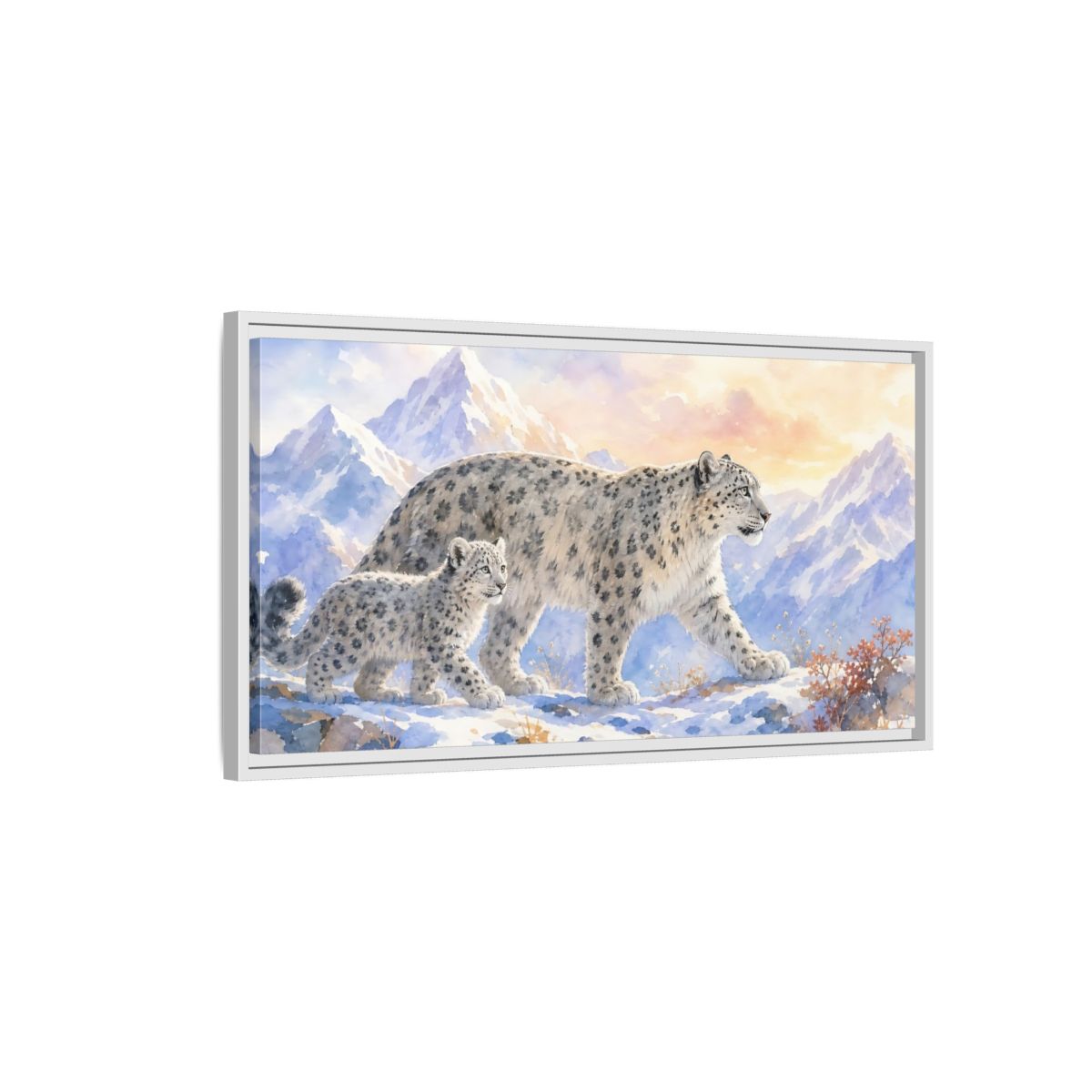 Side Mockup 1. Animals Snow Leopards Snow Leopard Watercolor shown as stretched canvas wall art