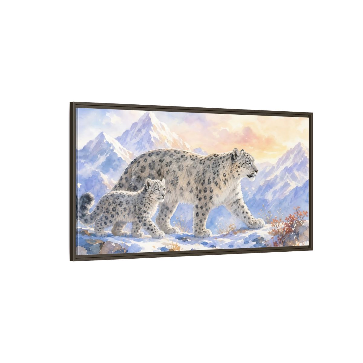 Side Mockup 4. Animals Snow Leopards Snow Leopard Watercolor shown as stretched canvas wall art