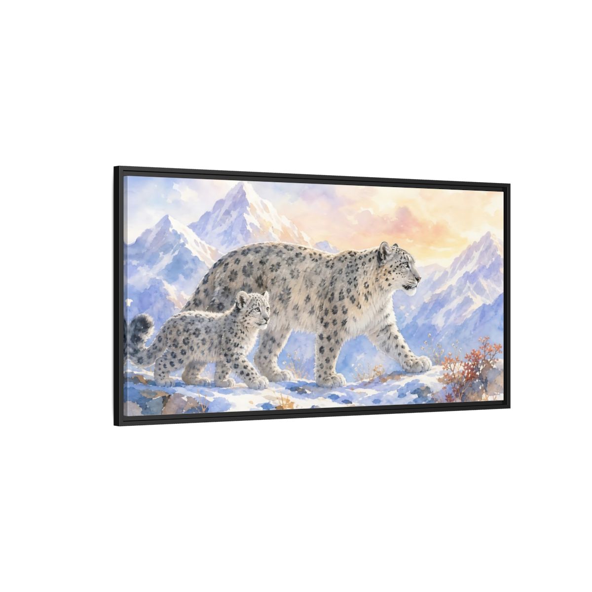 Side Mockup 5. Animals Snow Leopards Snow Leopard Watercolor shown as stretched canvas wall art