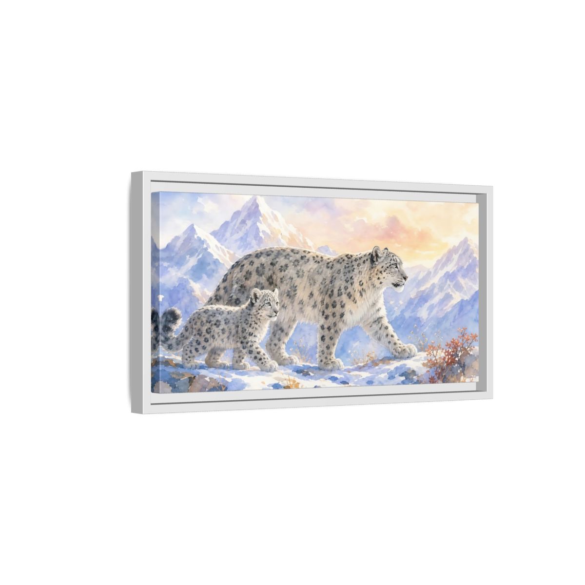 Side Mockup 6. Animals Snow Leopards Snow Leopard Watercolor shown as stretched canvas wall art