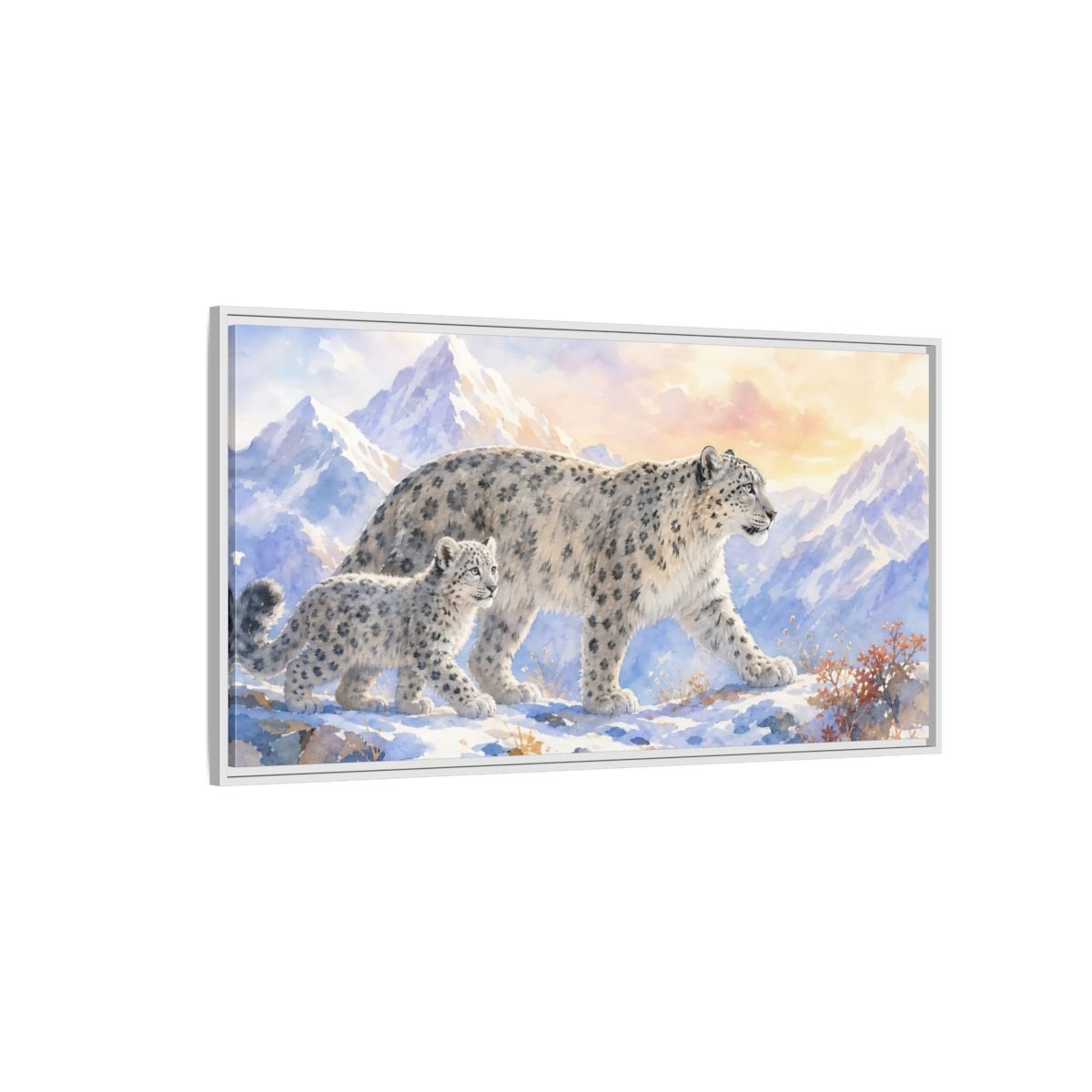 Side Mockup 3. Animals Snow Leopards Snow Leopard Watercolor shown as stretched canvas wall art