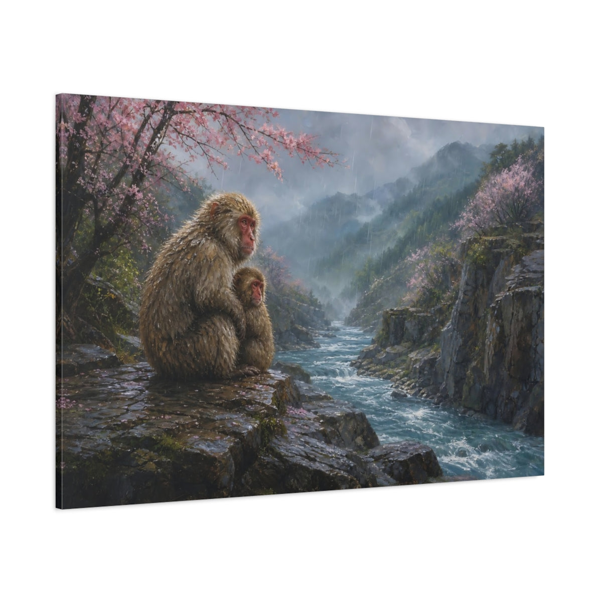 Side Mockup 1. Animals Snow Monkeys Brown And Pink Nature shown as stretched canvas wall art