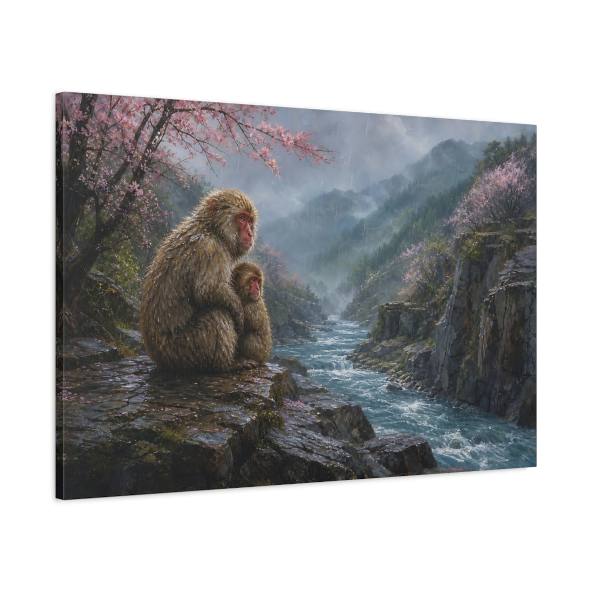 Main Mockup. Animals Snow Monkeys Brown And Pink Nature shown as stretched canvas wall art