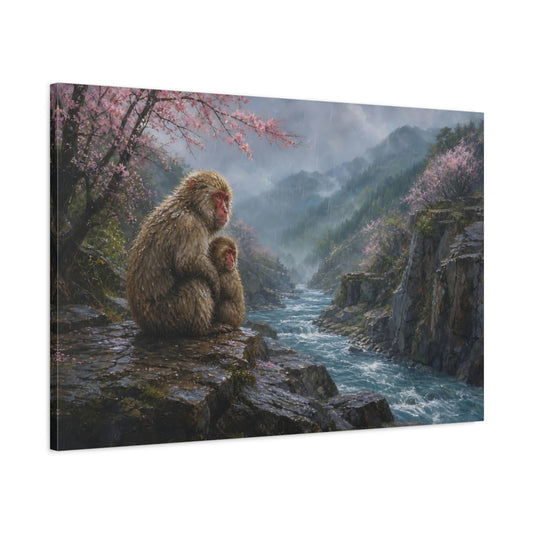Main Mockup. Animals Snow Monkeys Brown And Pink Nature shown as stretched canvas wall art