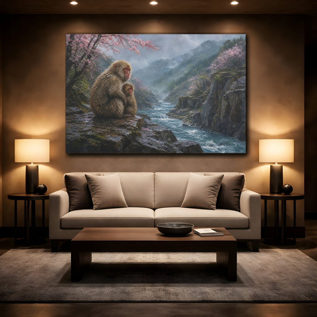 Mockup 2. Animals Snow Monkeys Brown And Pink Nature shown as stretched canvas wall art