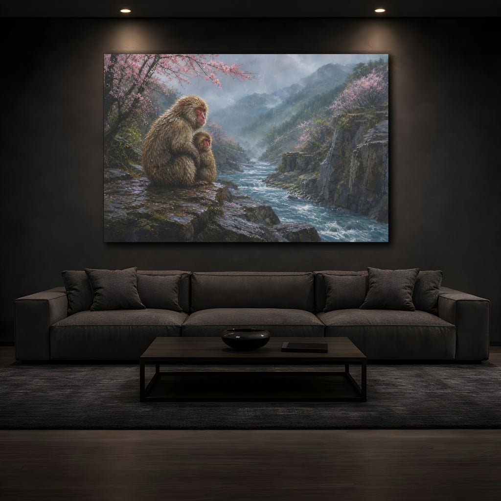 Mockup 3. Animals Snow Monkeys Brown And Pink Nature shown as stretched canvas wall art