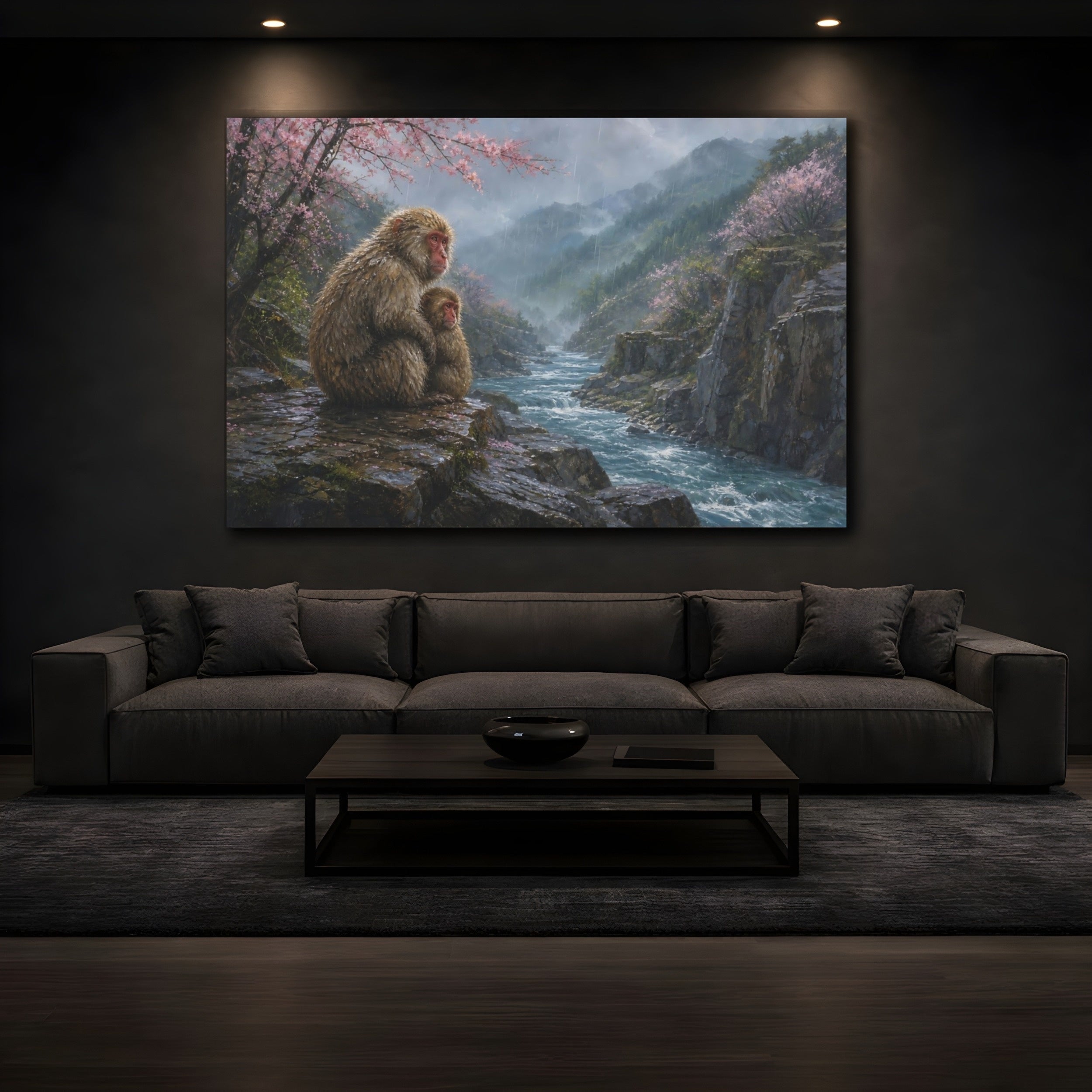 Mockup 3. Animals Snow Monkeys Brown And Pink Nature shown as stretched canvas wall art