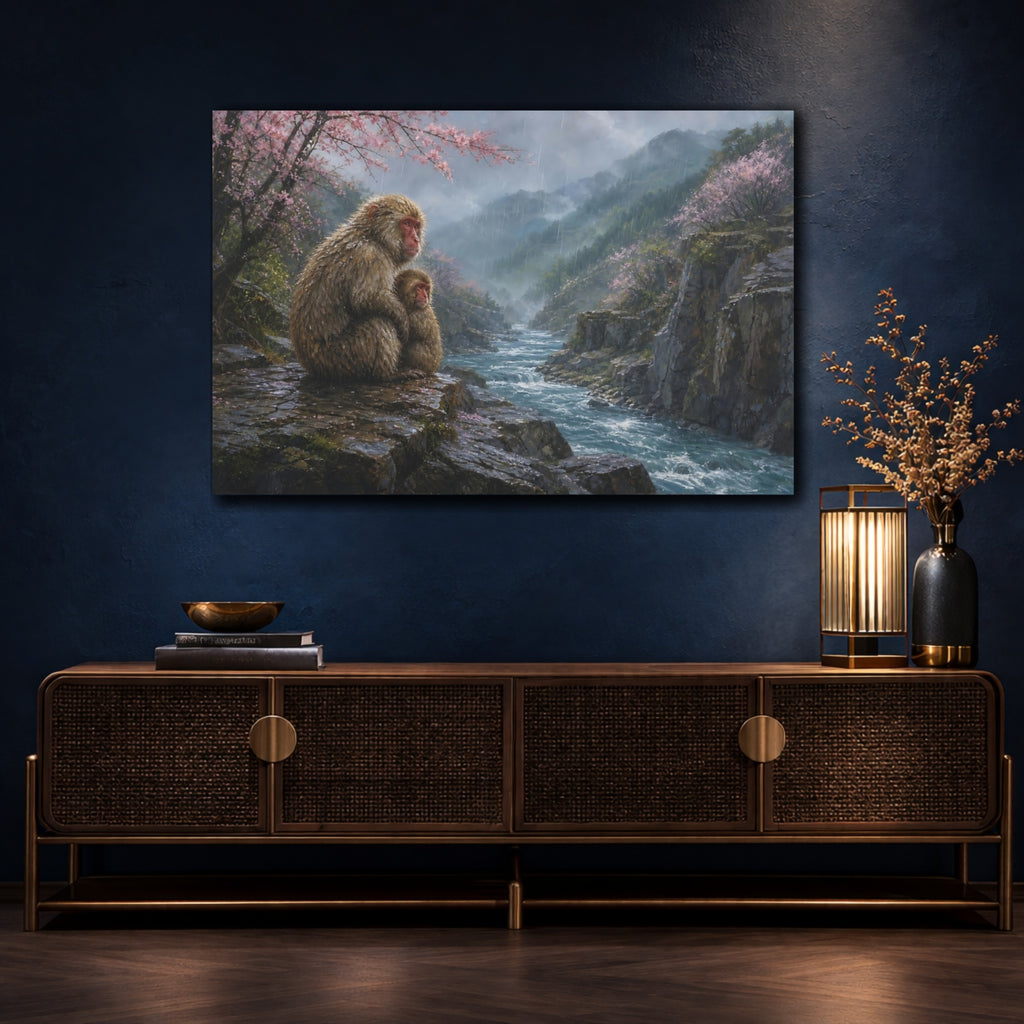 Mockup 4. Animals Snow Monkeys Brown And Pink Nature shown as stretched canvas wall art